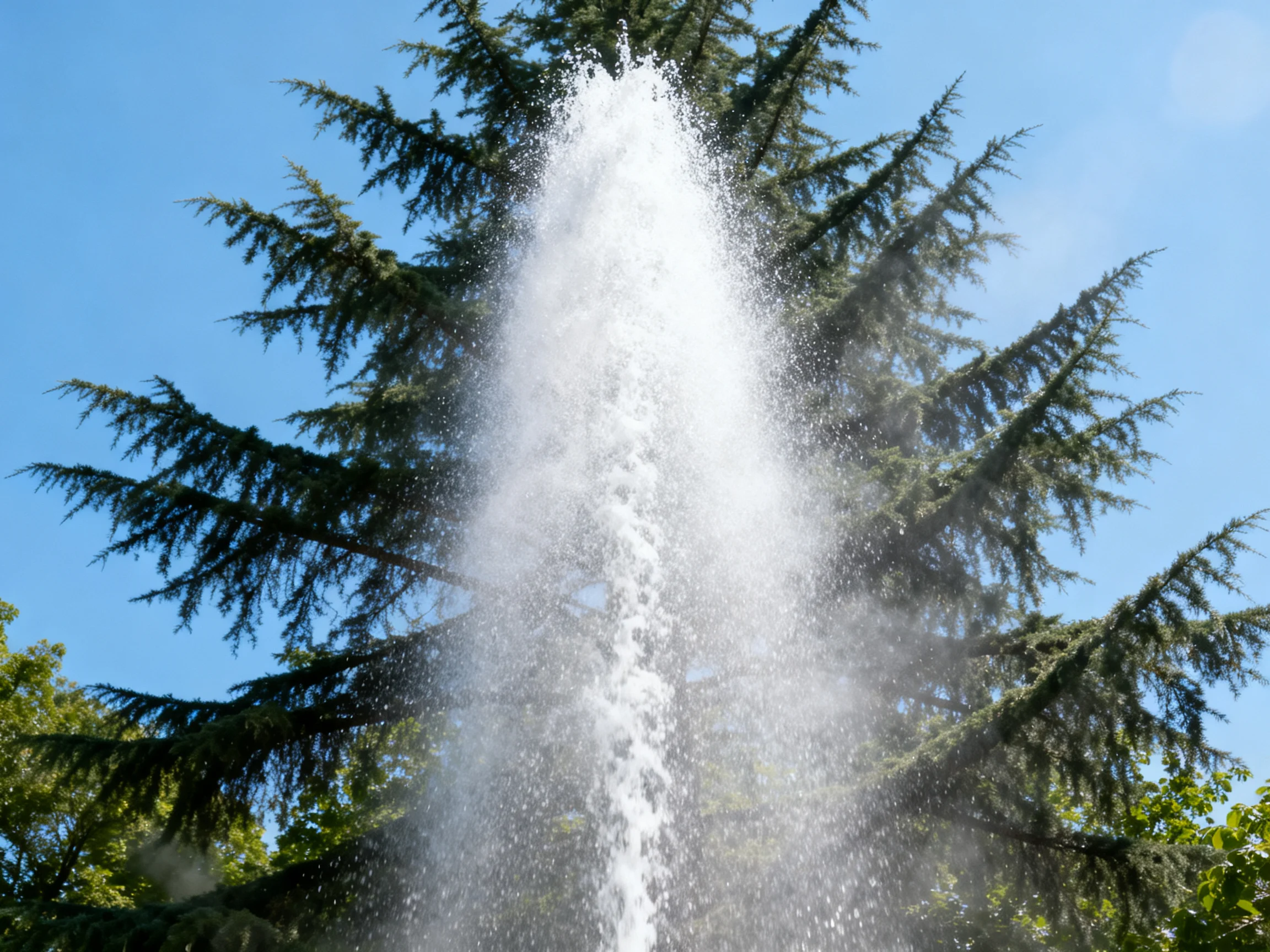 Water fountain sprays high near dense evergreen trees under clear blue sky