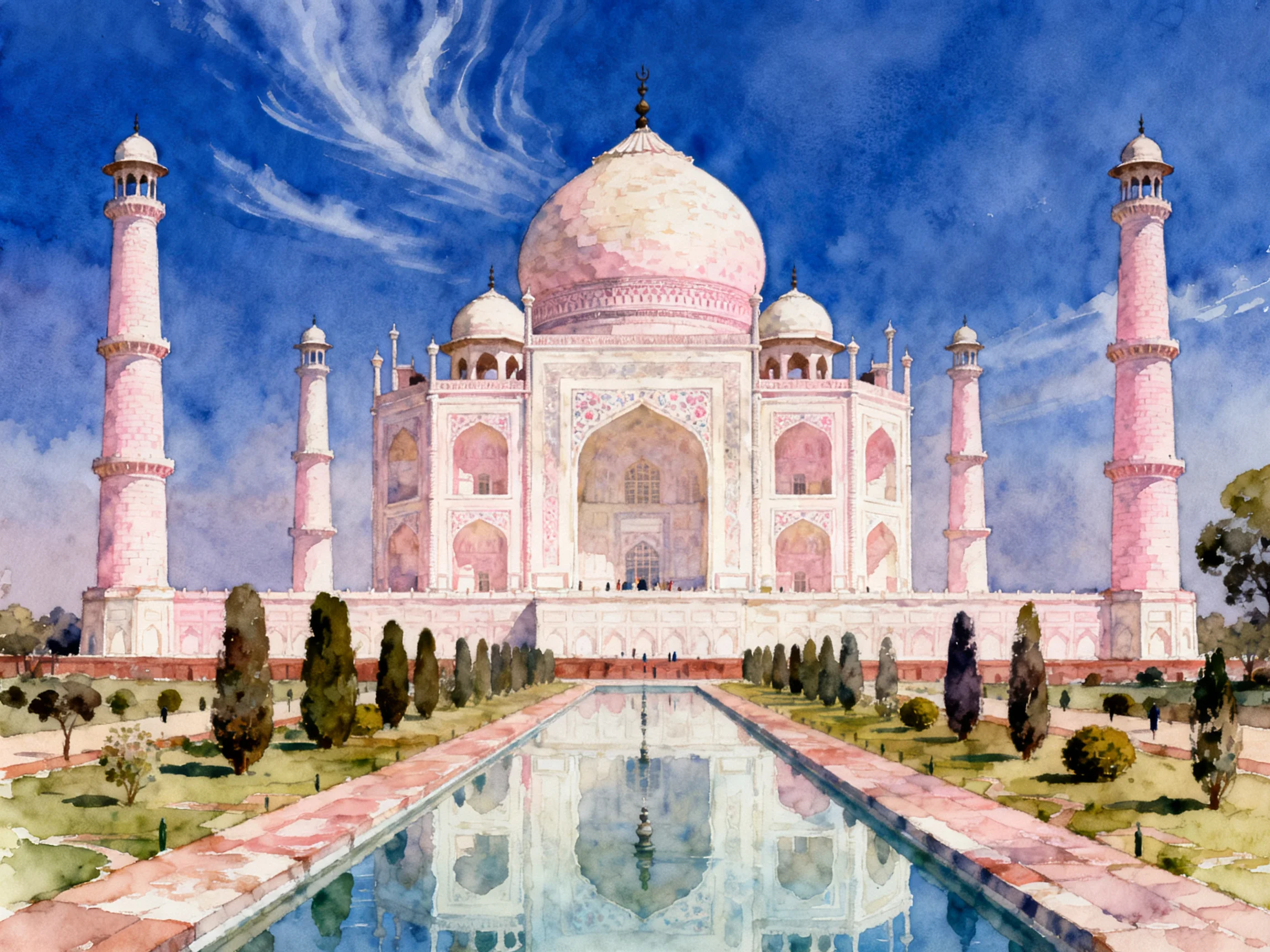 Watercolor depiction of Taj Mahal with pink domes and blue sky