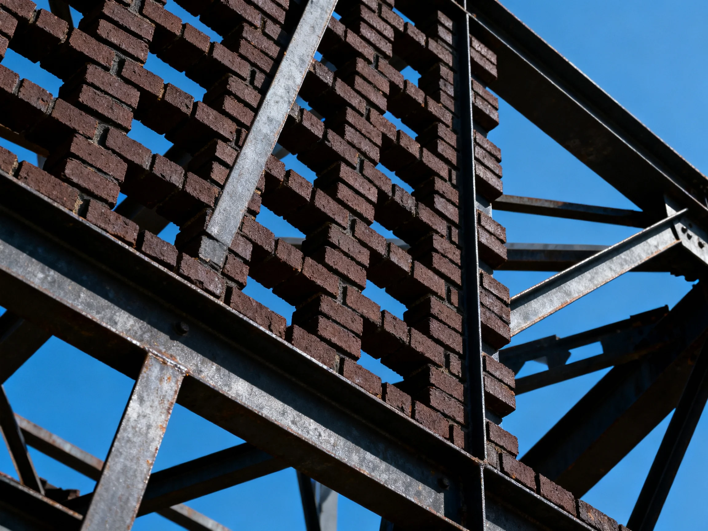 Weathered Brown Bricks and Silver Metal Framework Against Clear Blue Sky