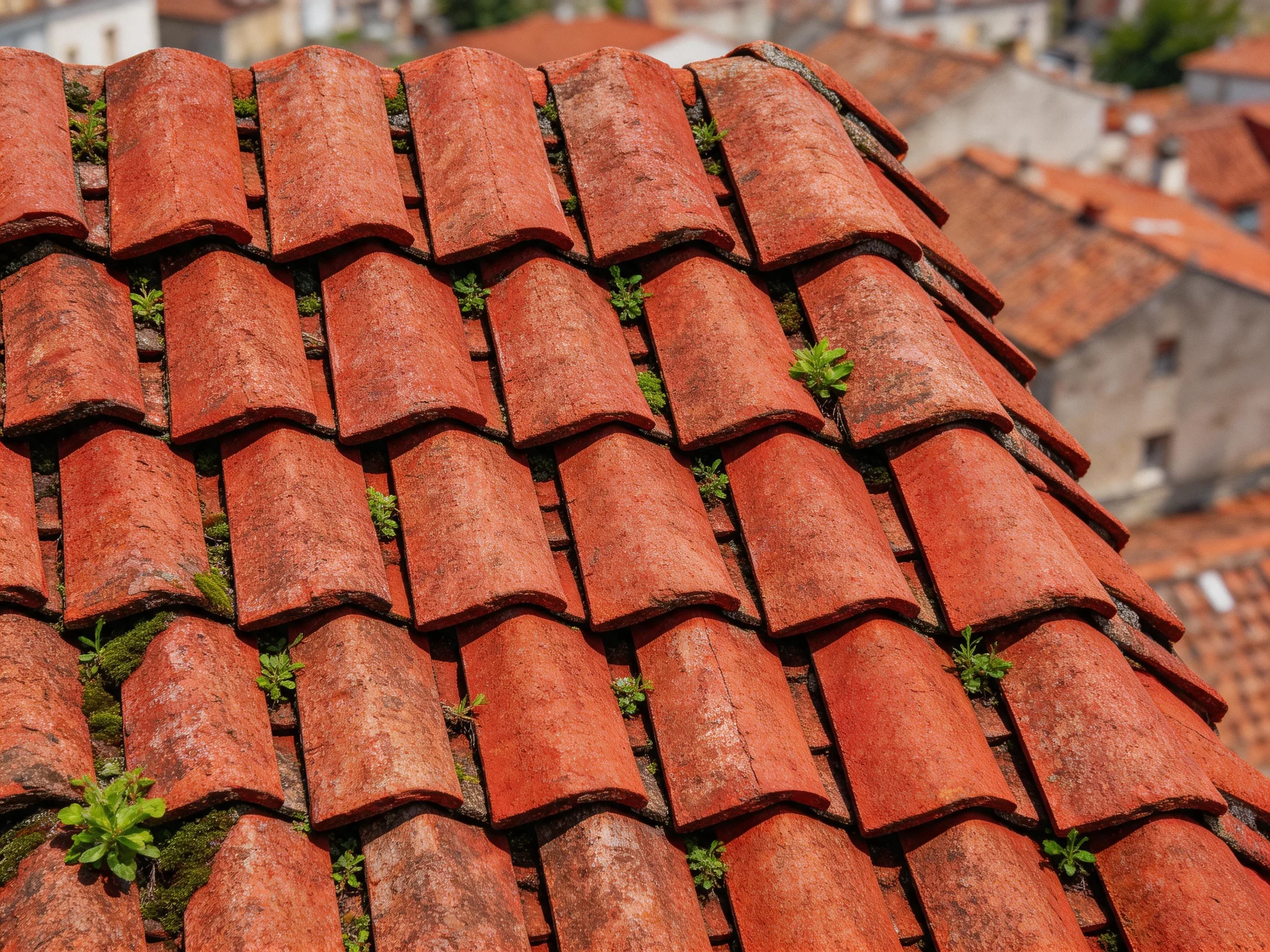 Weathered red terracotta roof tiles with scattered green plants, multiple rows