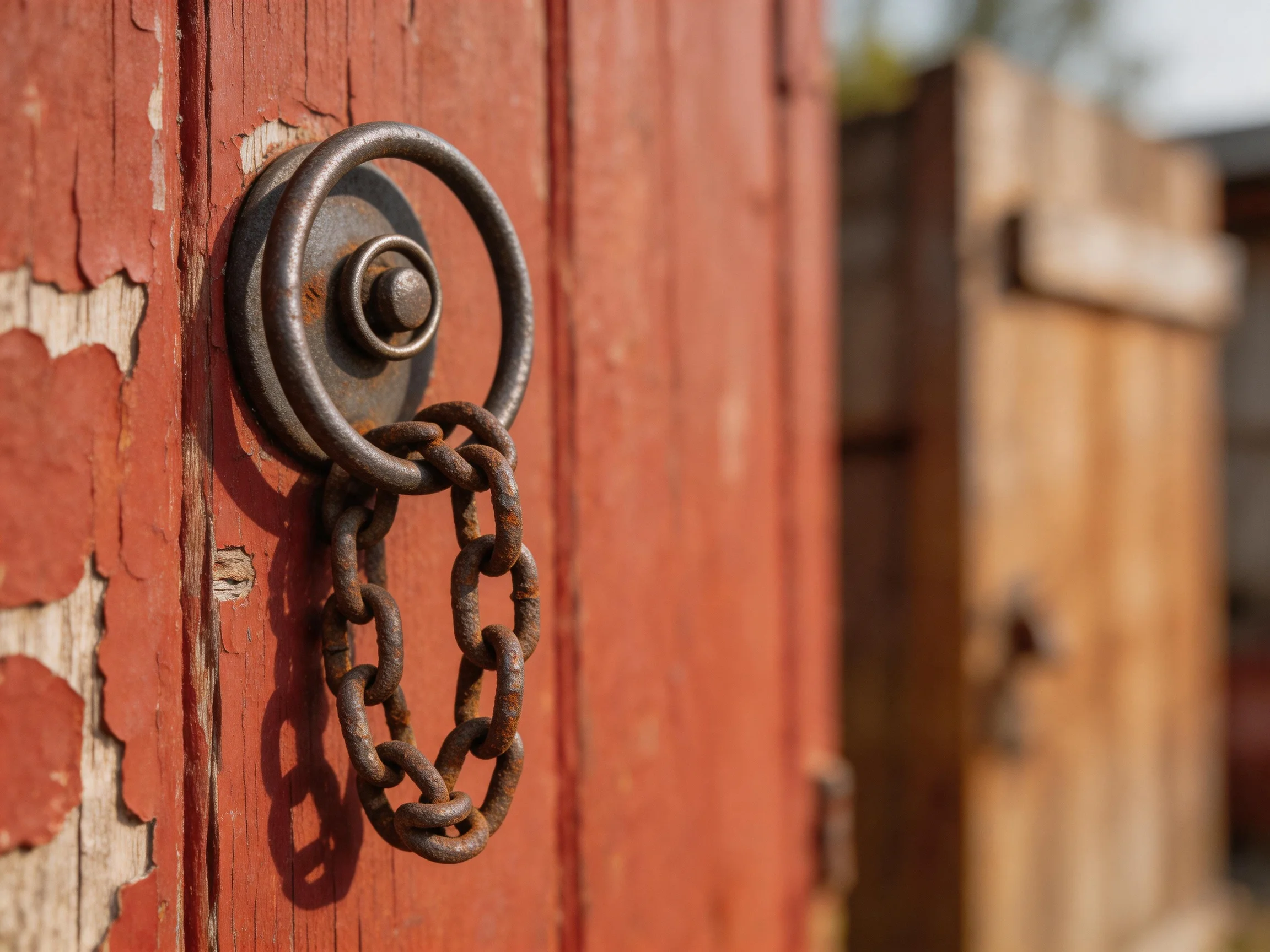 Weathered red wooden door with rusty chain and metal ring