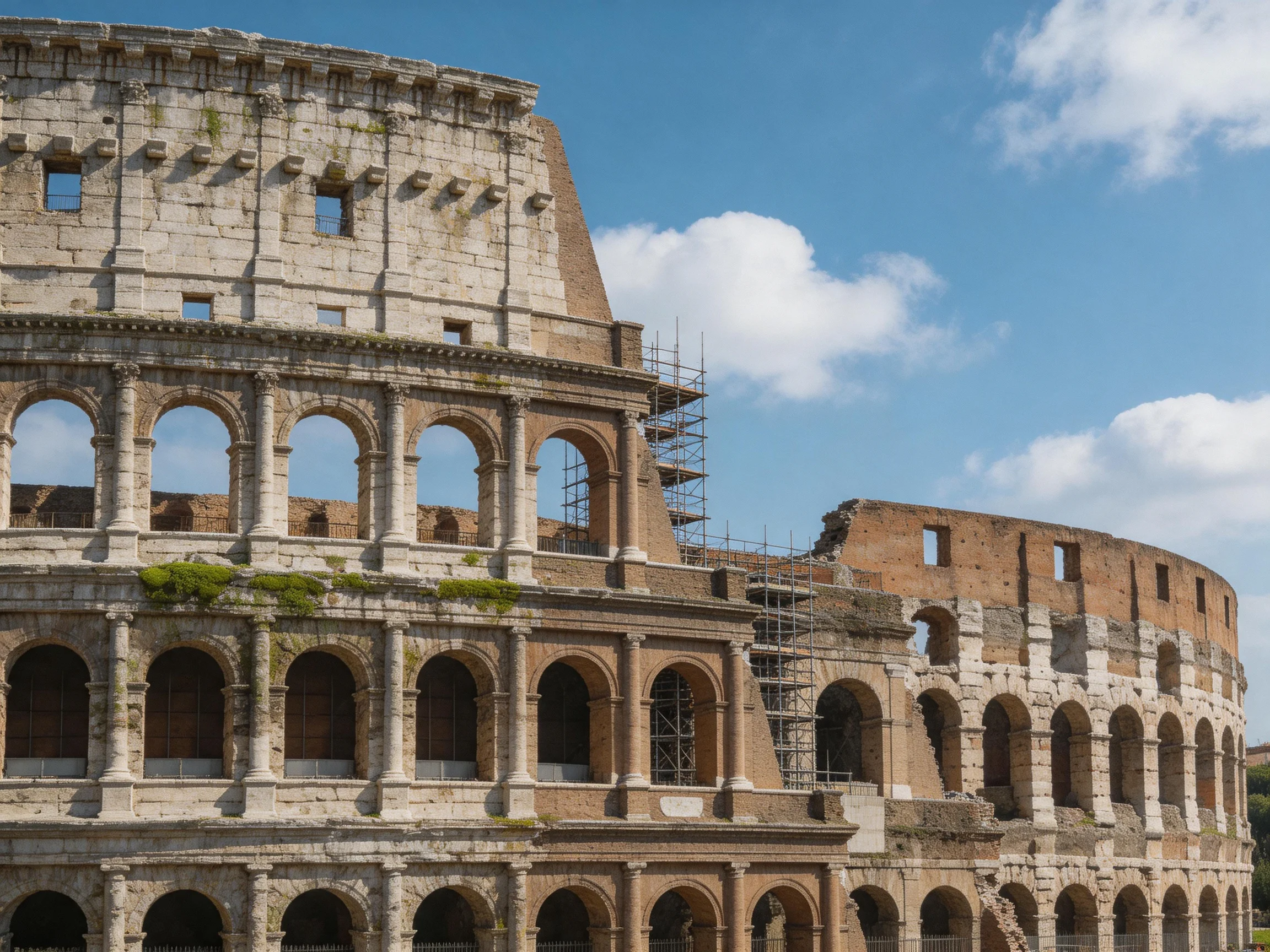 Weathered stone Colosseum with scaffolding under blue sky