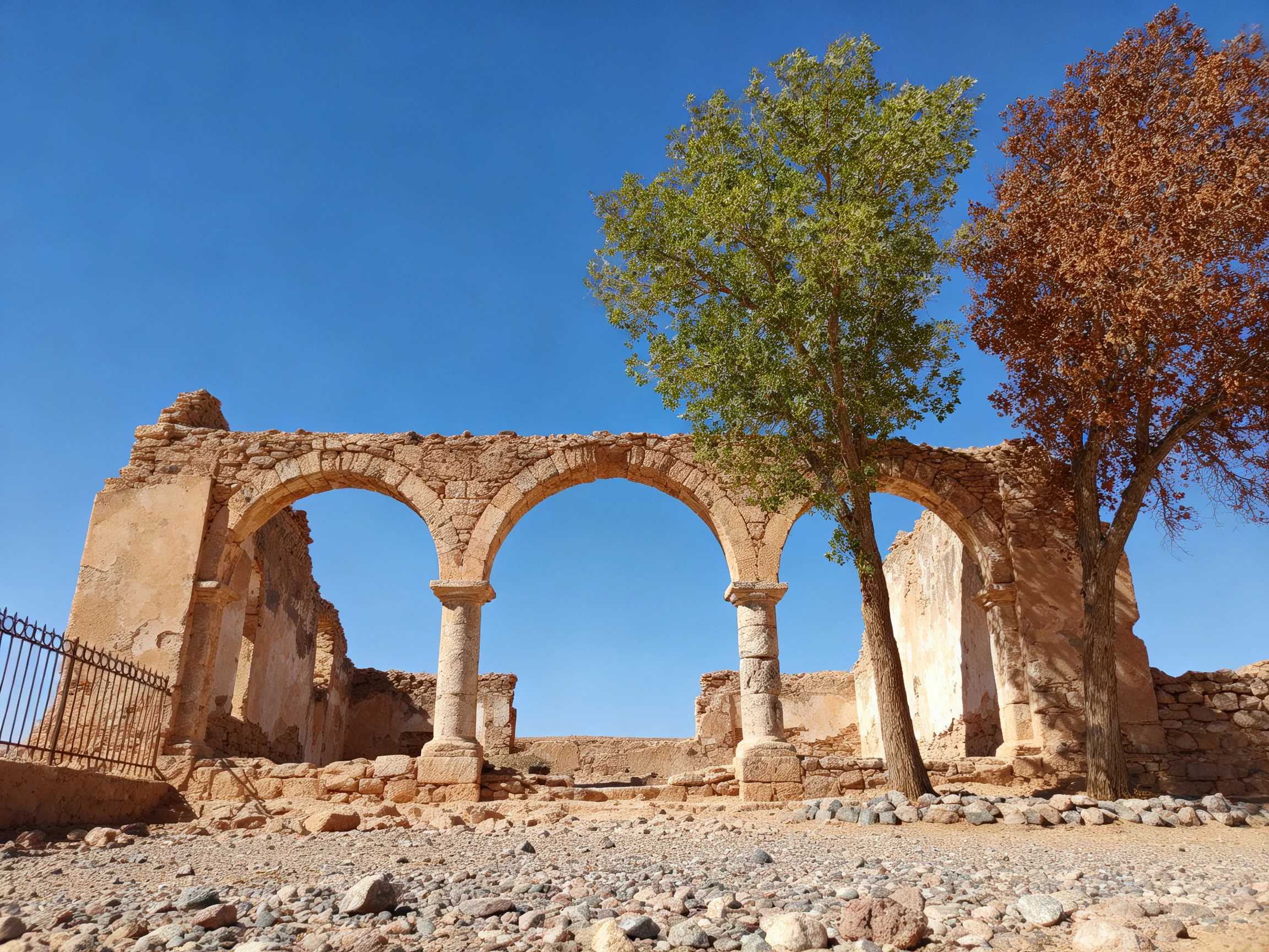 Weathered stone arch ruins flanked by two trees against a vivid blue sky
