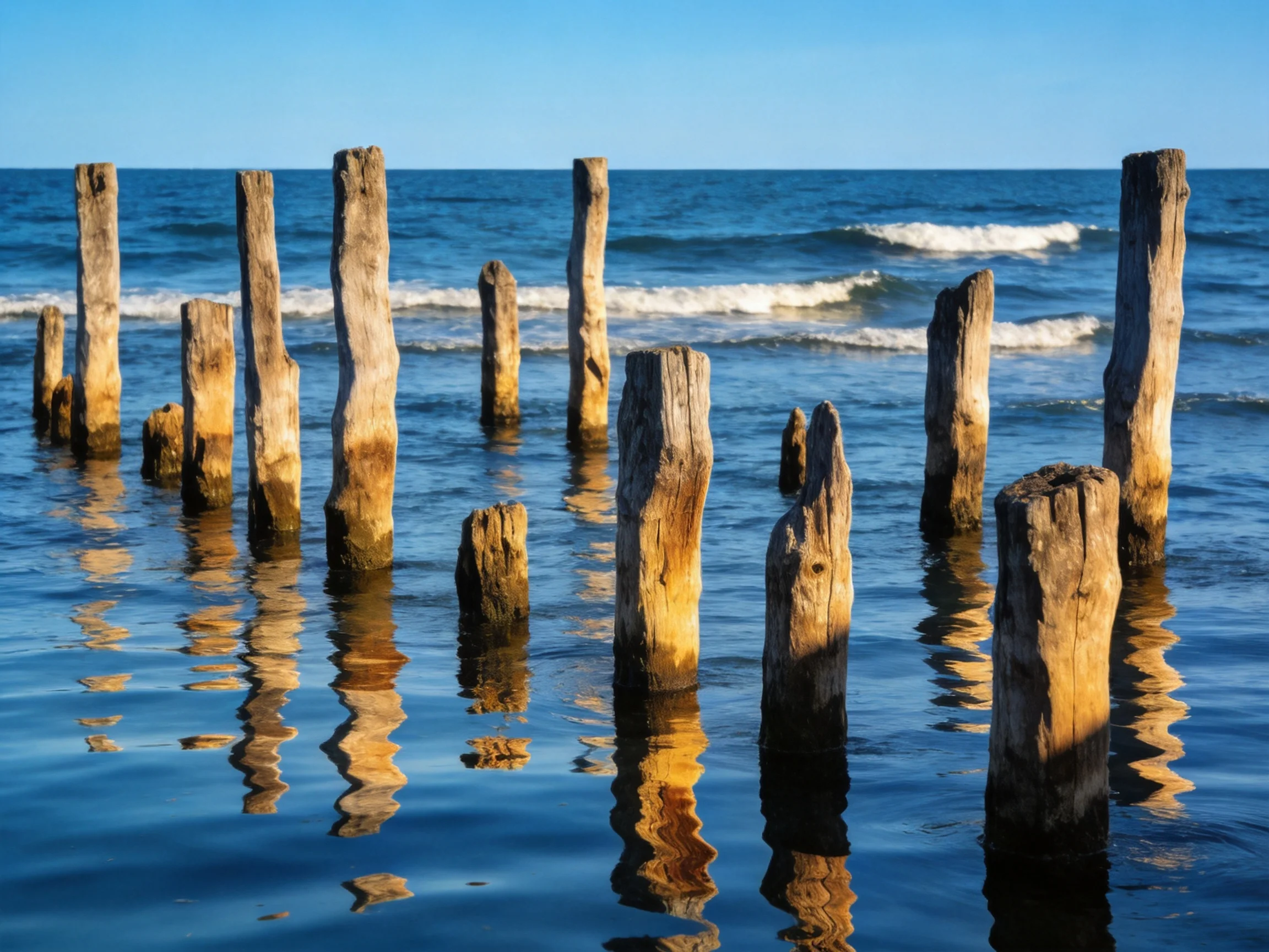 Weathered wooden posts stand in shallow blue ocean waters