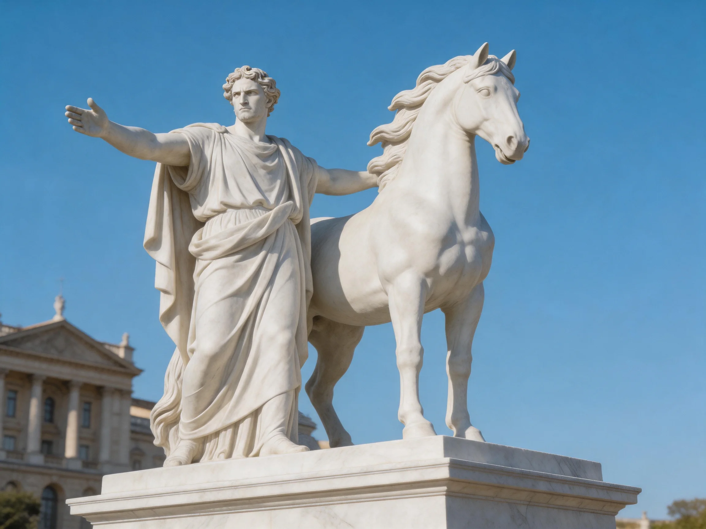 White Marble Statue of Man and Horse Under Clear Blue Sky