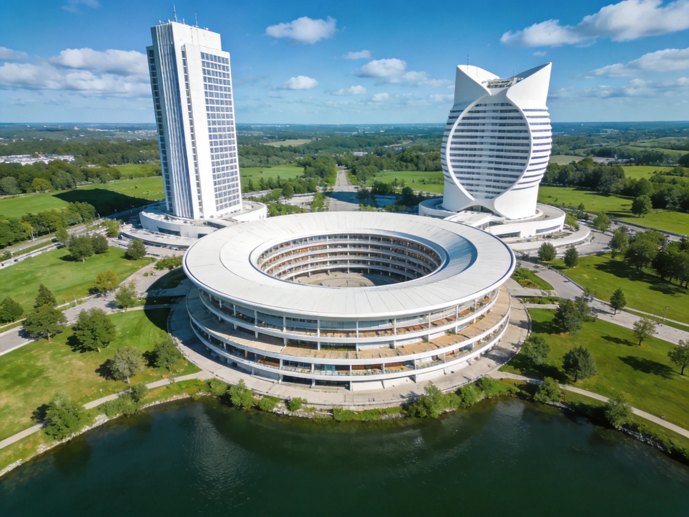 White Modern Buildings: Circular, Tower, and Butterfly Structures Near Water