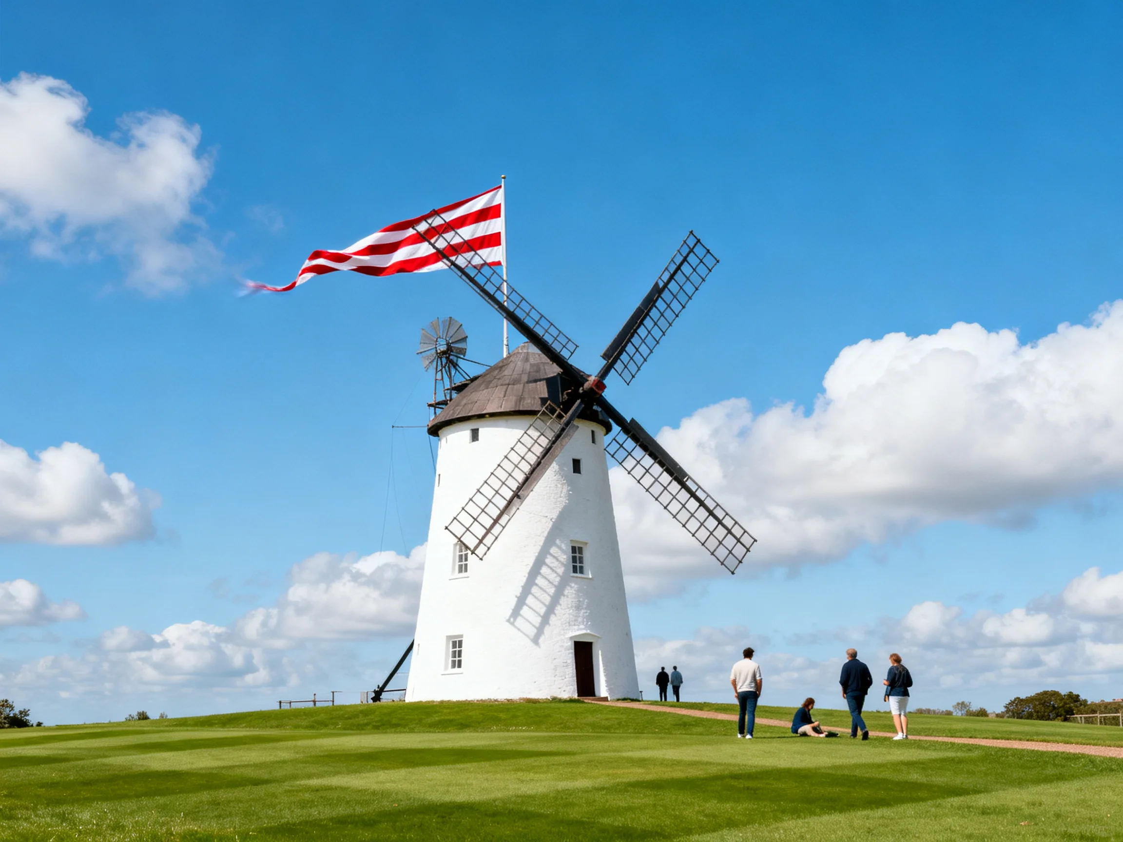 White Windmill with Red-and-White Flag atop Green Hill