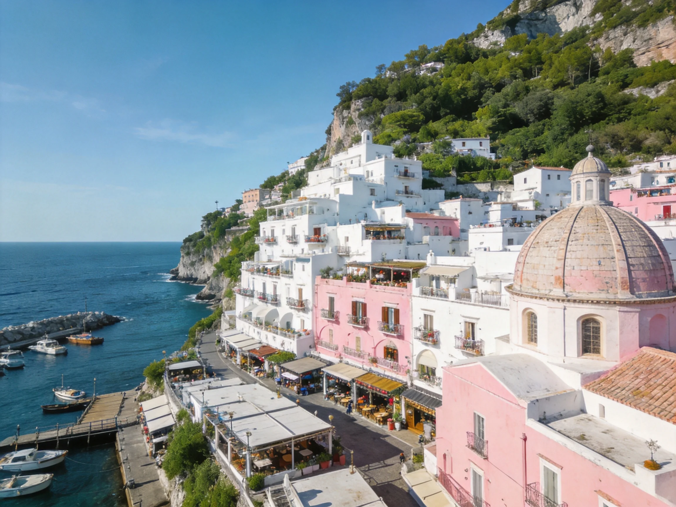White and pink cliffside buildings overlook blue sea with docks