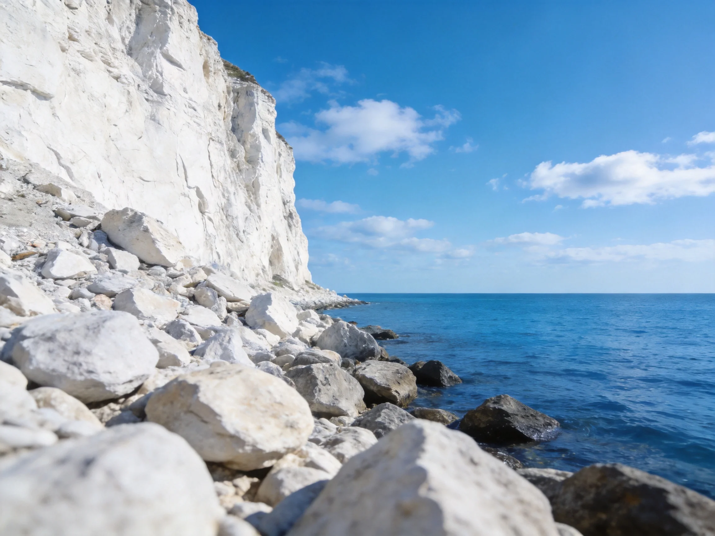 White chalk cliffs border a rocky shoreline with deep blue water