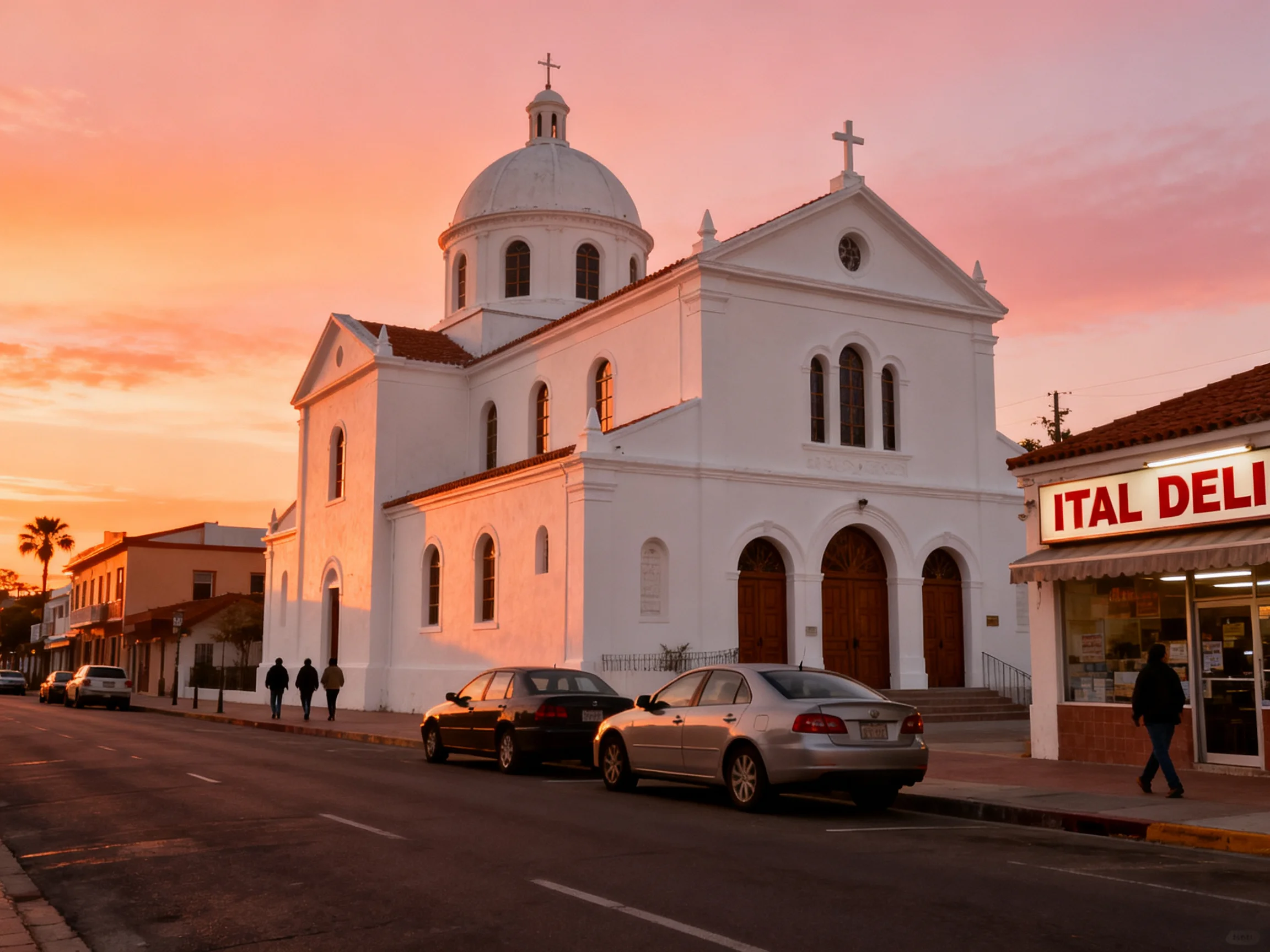 White church near Italian deli under pink-orange sunset