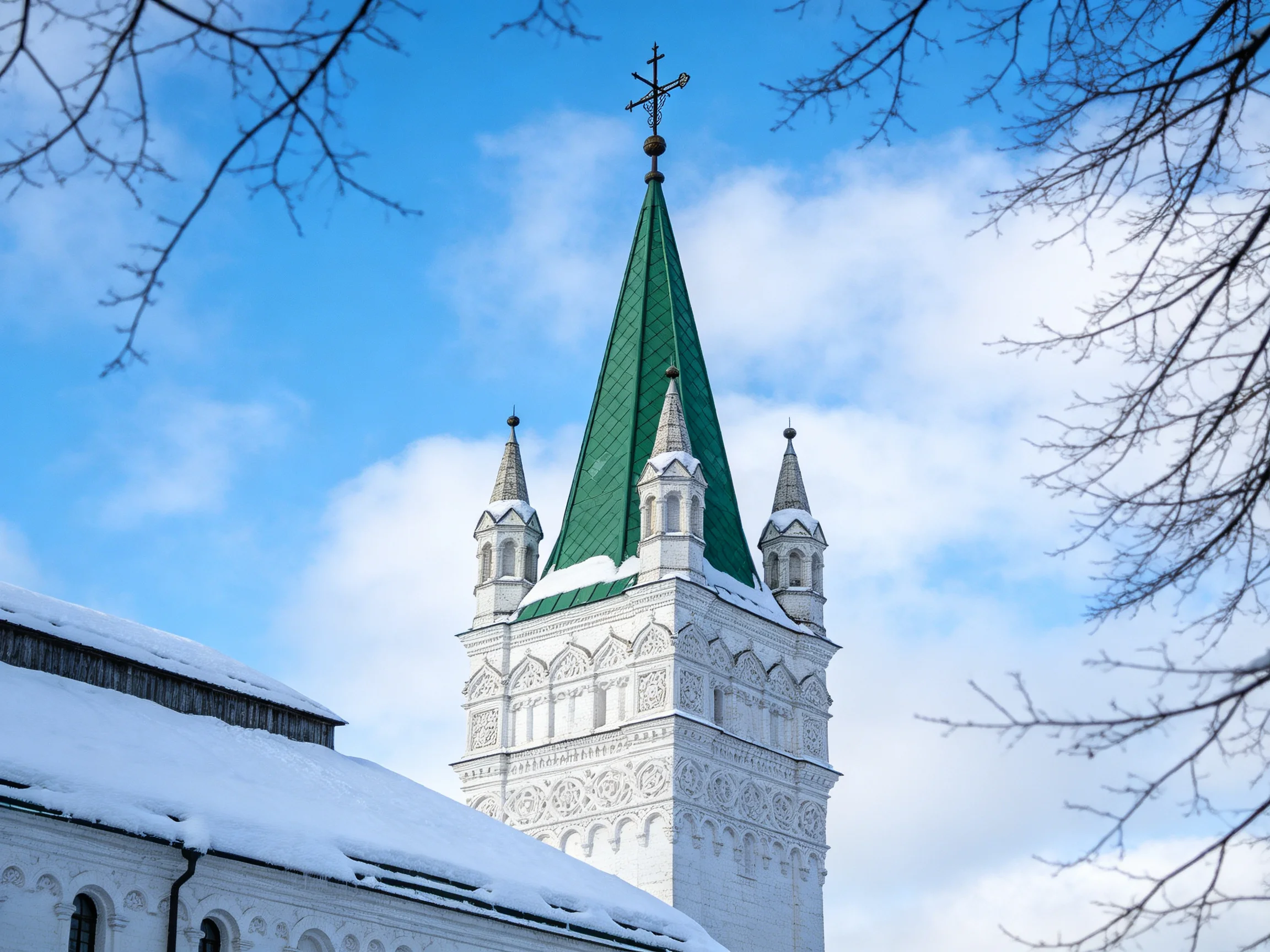 White church tower with green spire under snowy blue sky