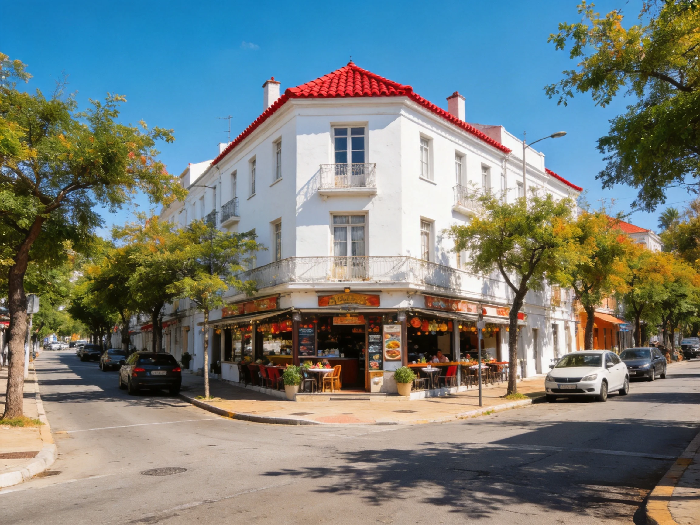 White corner building with red tile roof by tree-lined street