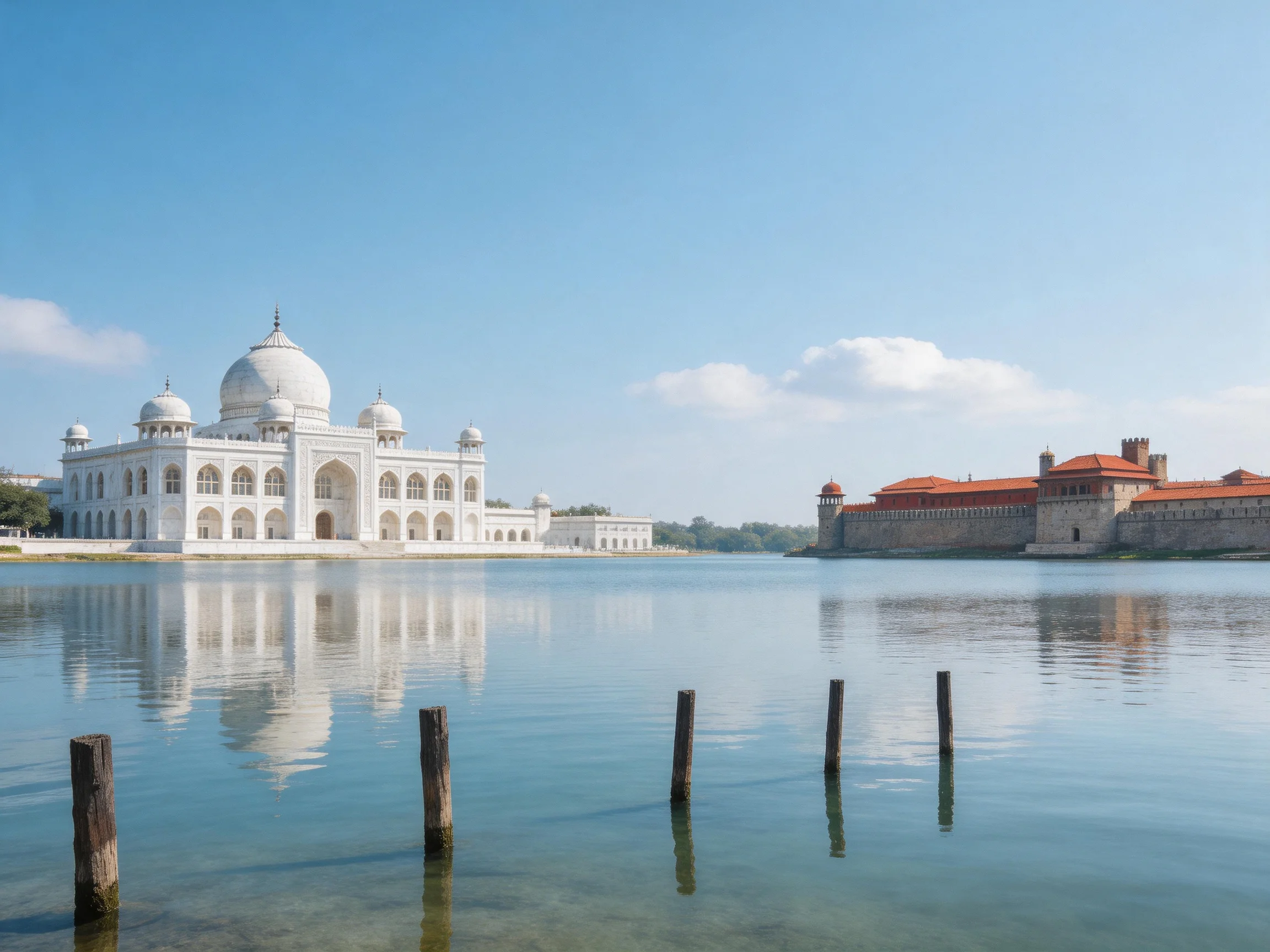 White domed palace and red-roofed fortress by tranquil waters