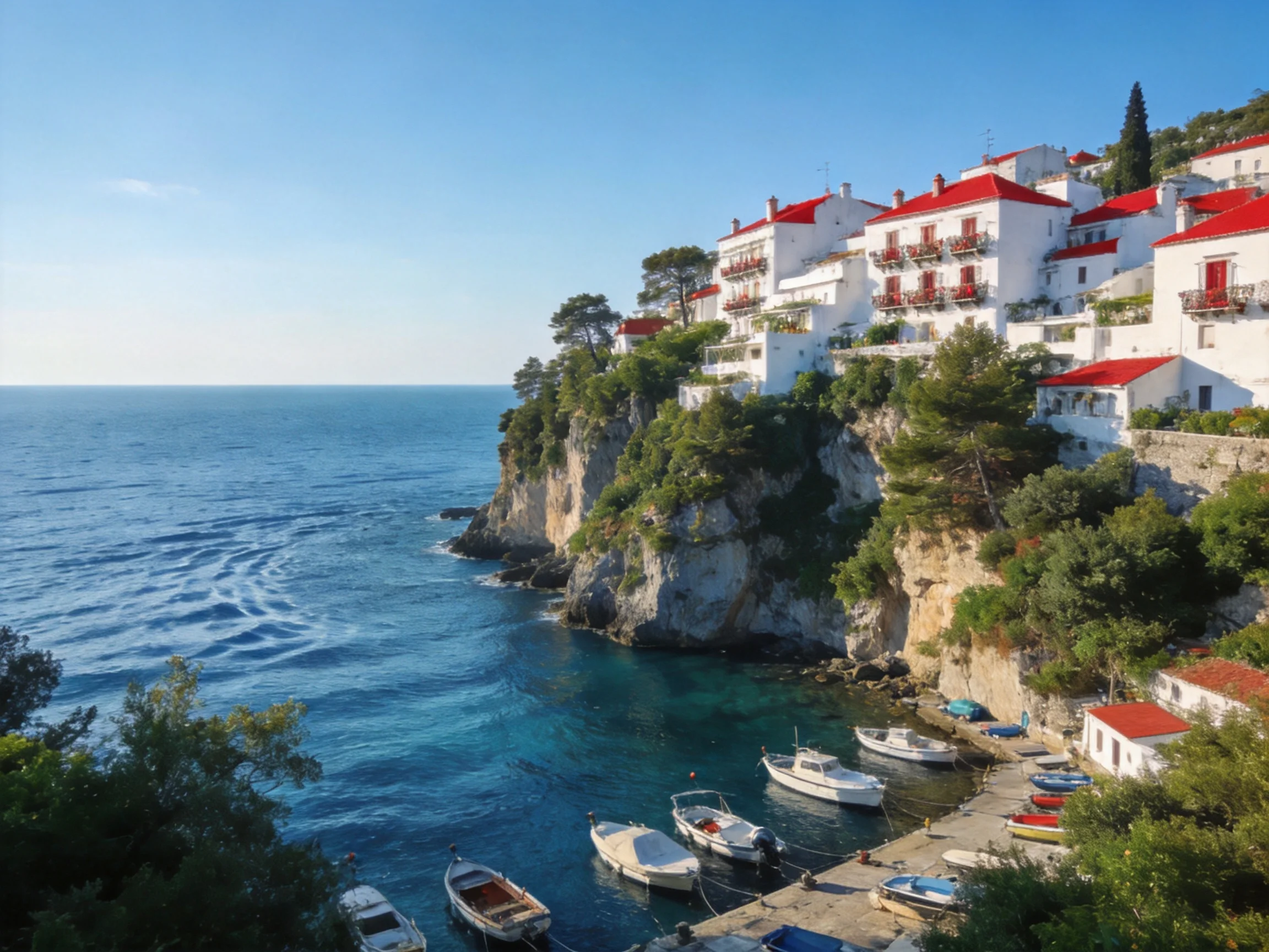 White houses with red roofs perch on a rocky coastal cliffside beside clear blue waters