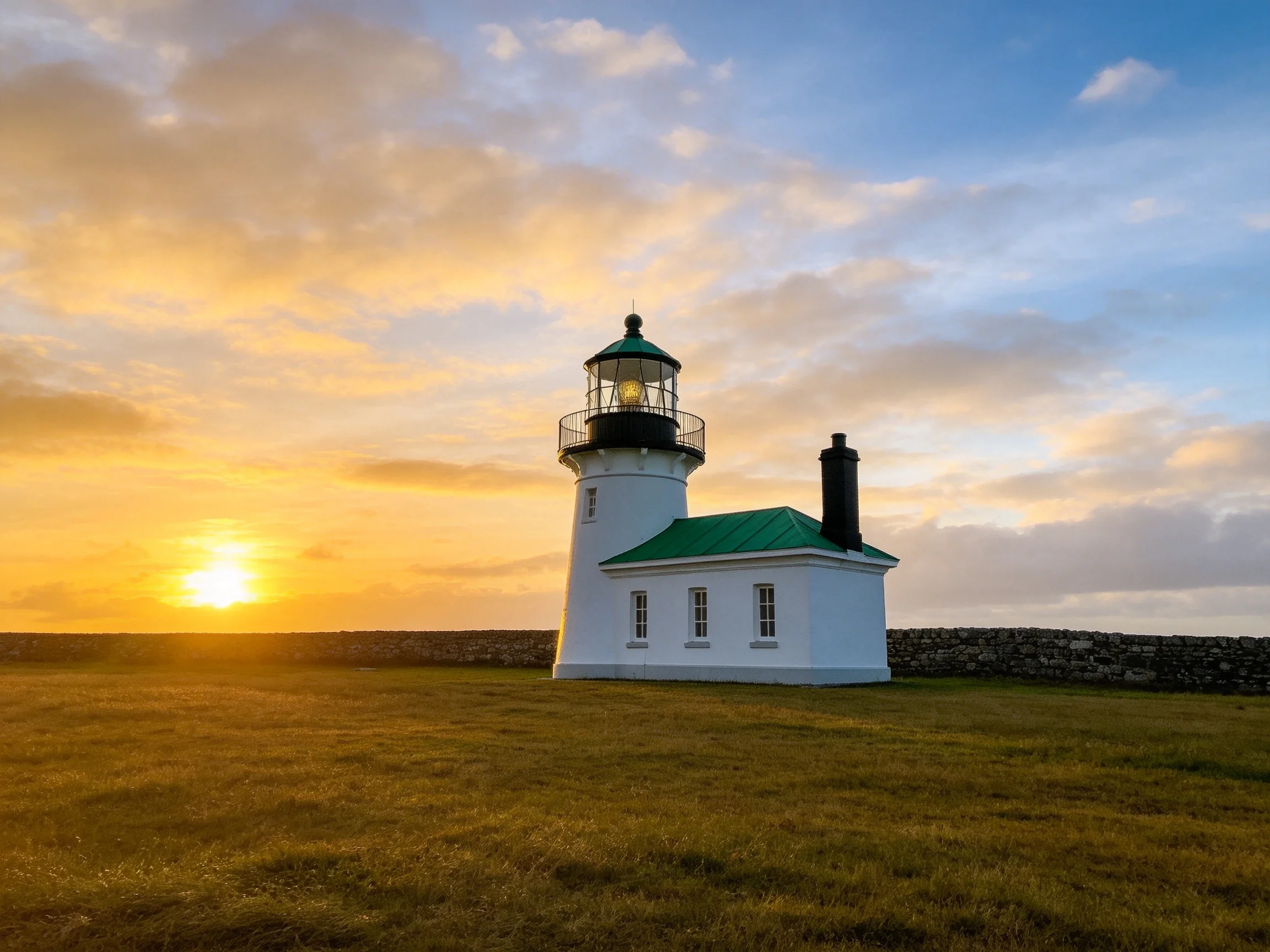 White lighthouse with green roof near golden sunset over grassy field