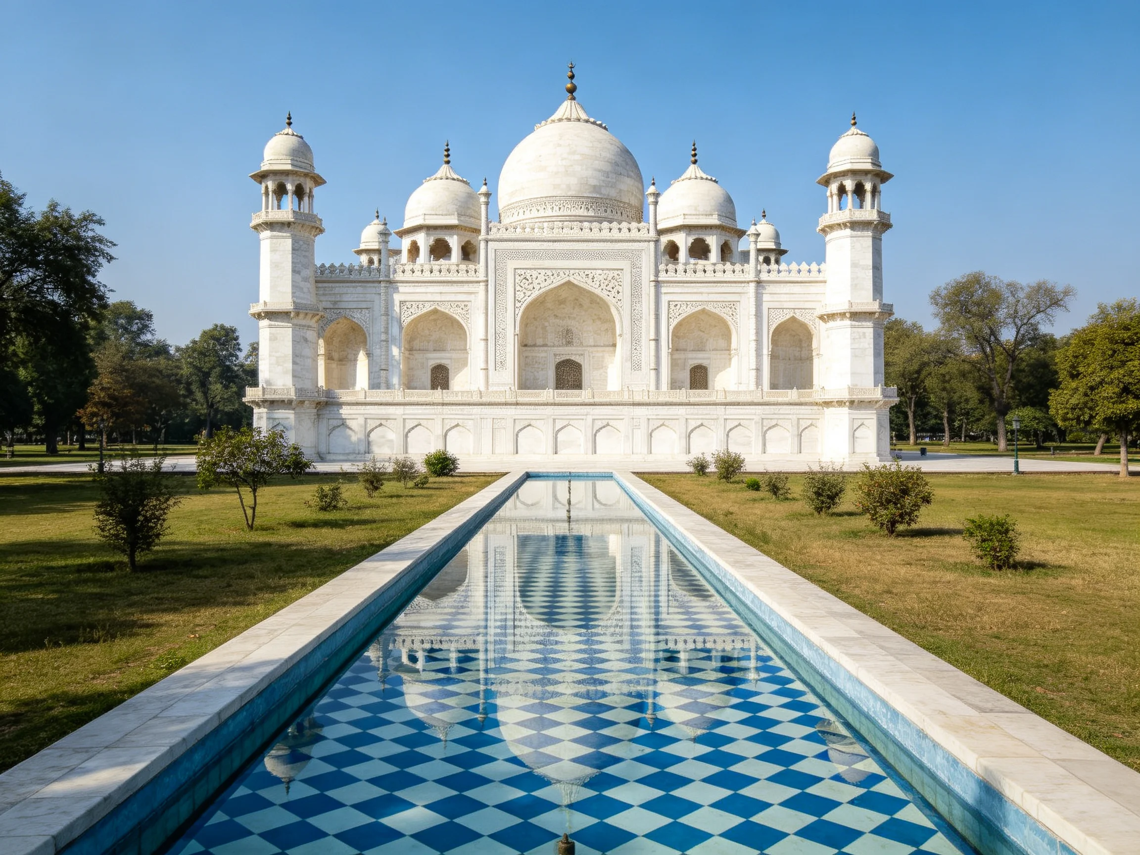 White marble monument with domes and checkered reflecting pool