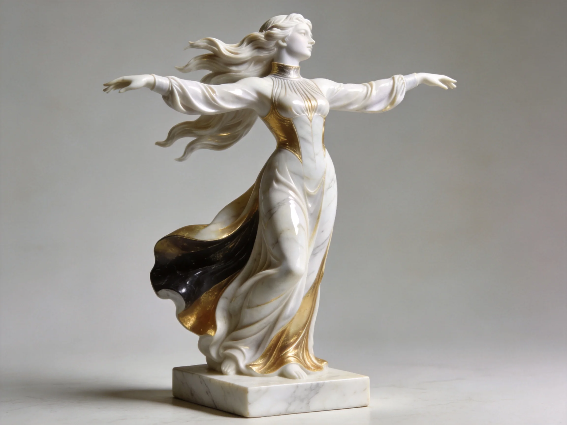 White marble sculpture of a graceful female figure with gold and black accents