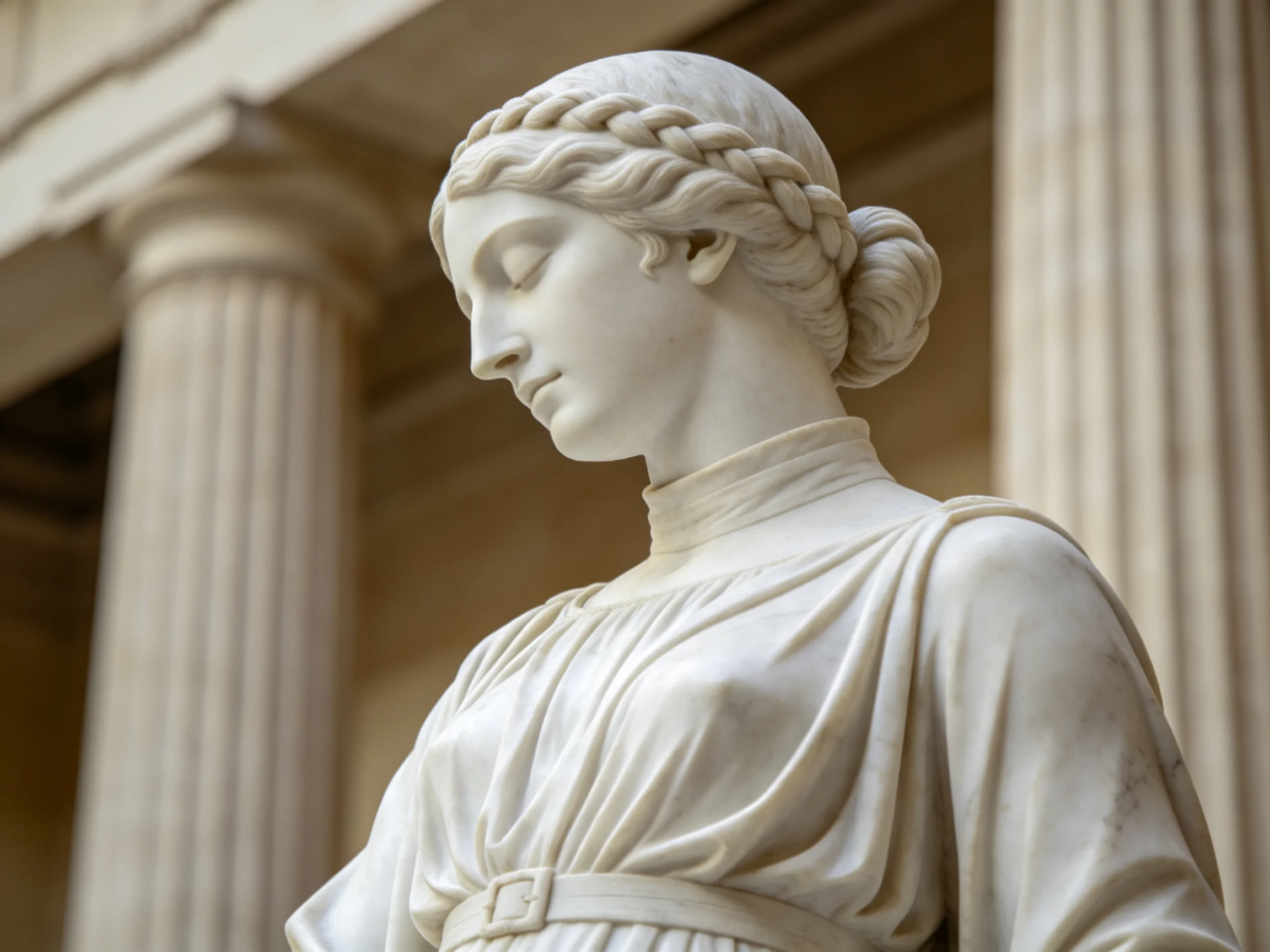 White marble statue of a woman near tall classical columns