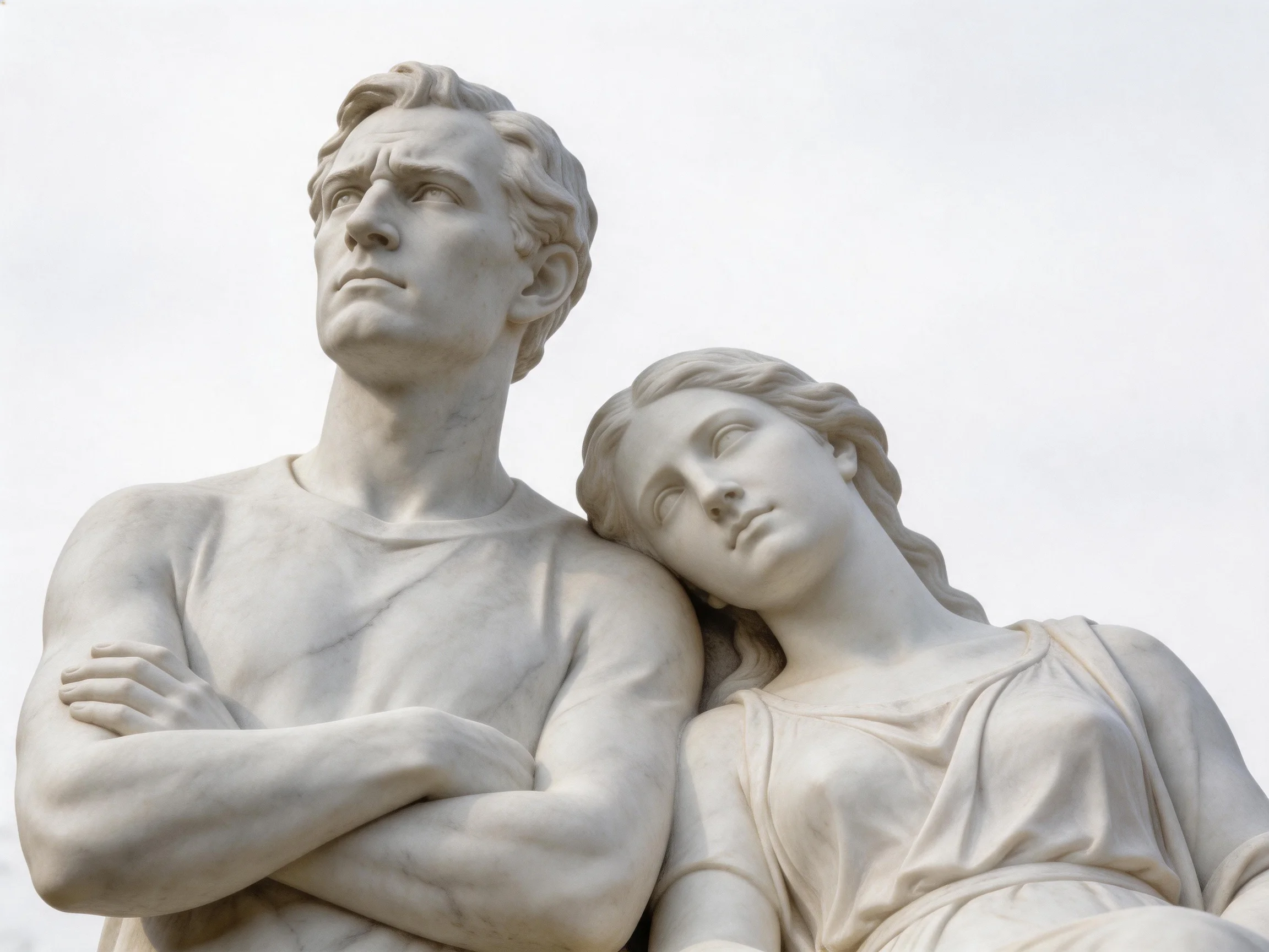White marble statues of a man and woman in an intimate pose
