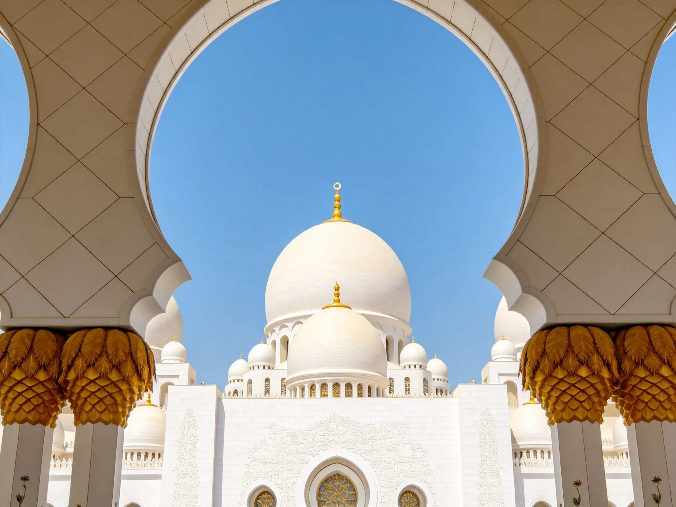 White mosque domes framed by large arches with golden details