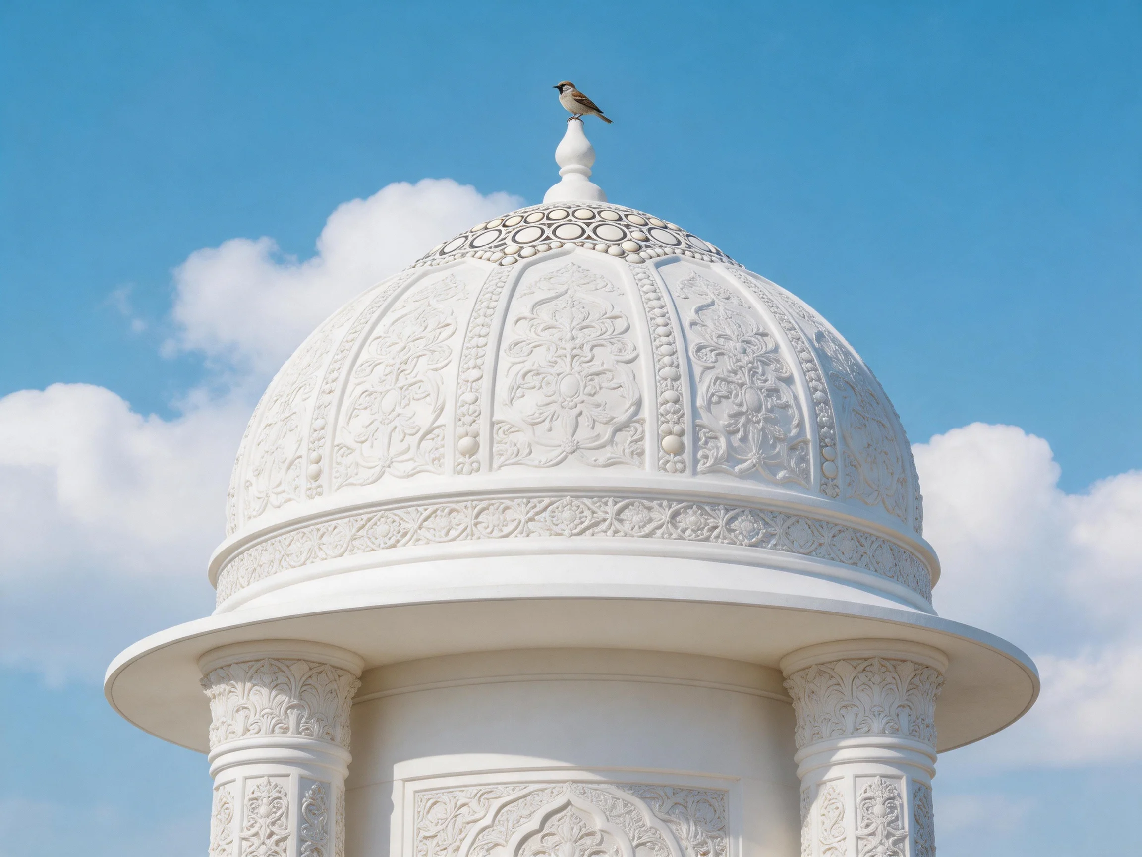 White ornate domed structure with bird atop under blue sky