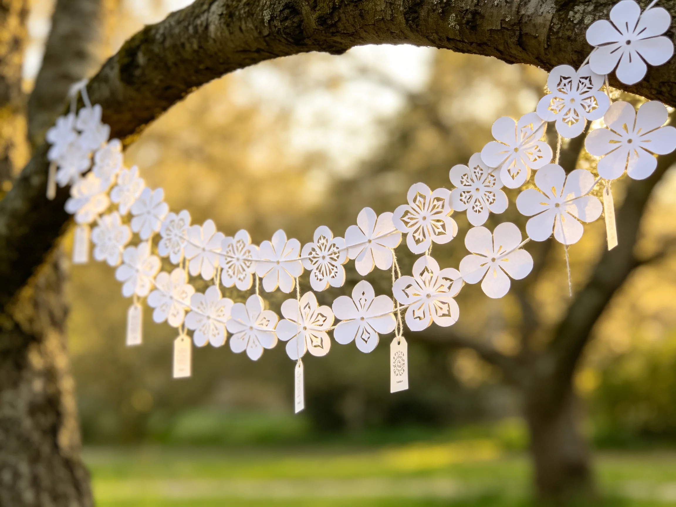 White paper flower garlands hang from a tree branch in a sunlit outdoor area.