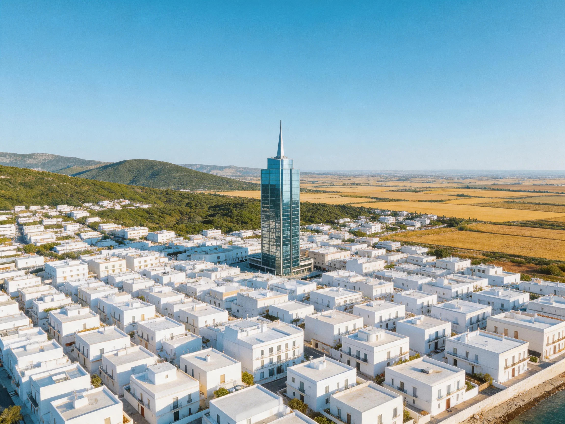 White residential district with a central glass skyscraper and golden fields