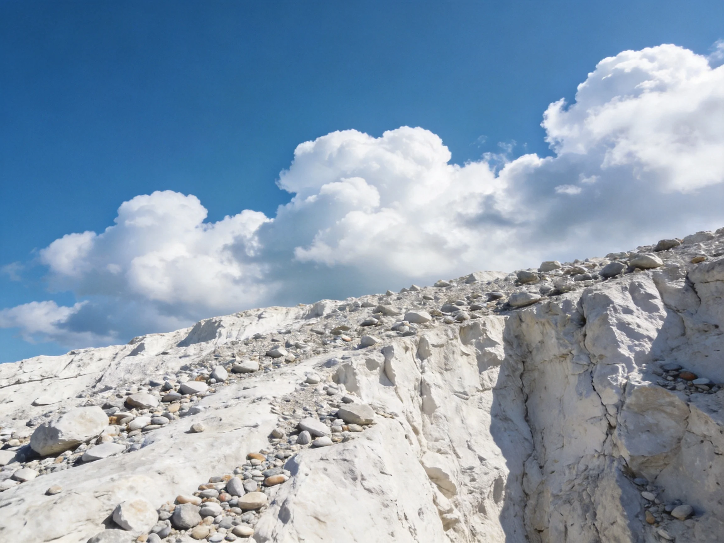 White rocky slope with scattered stones under bright blue sky