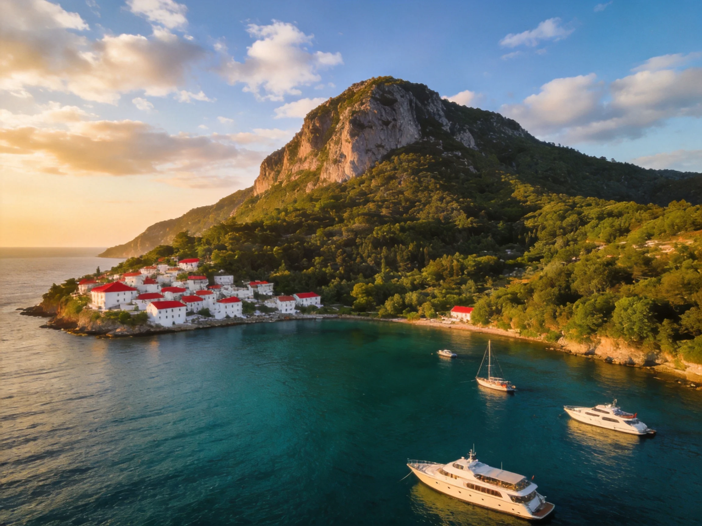 White-roofed village by turquoise waters near rocky mountain