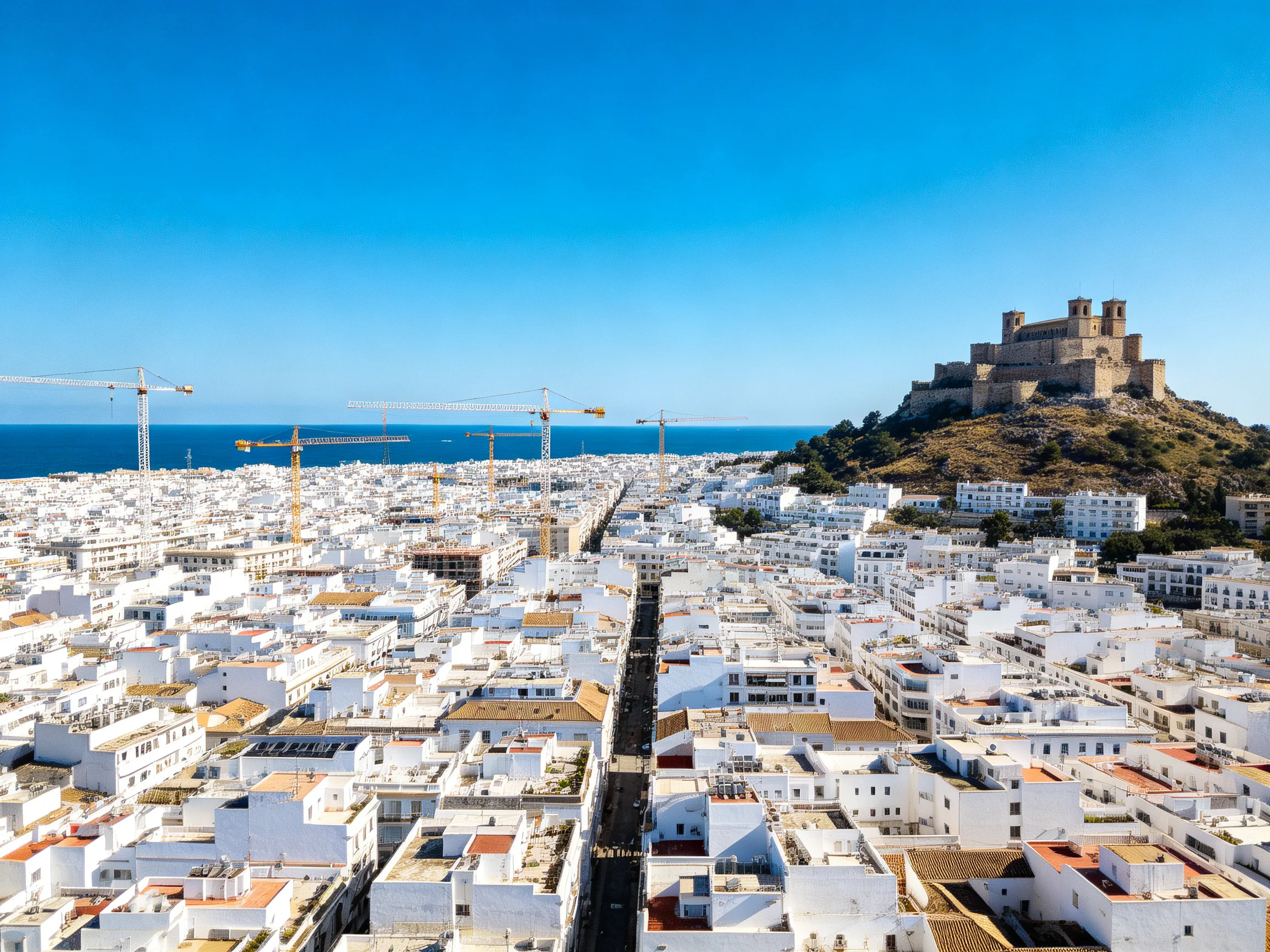 White-washed coastal town with construction cranes and ancient hilltop fortress