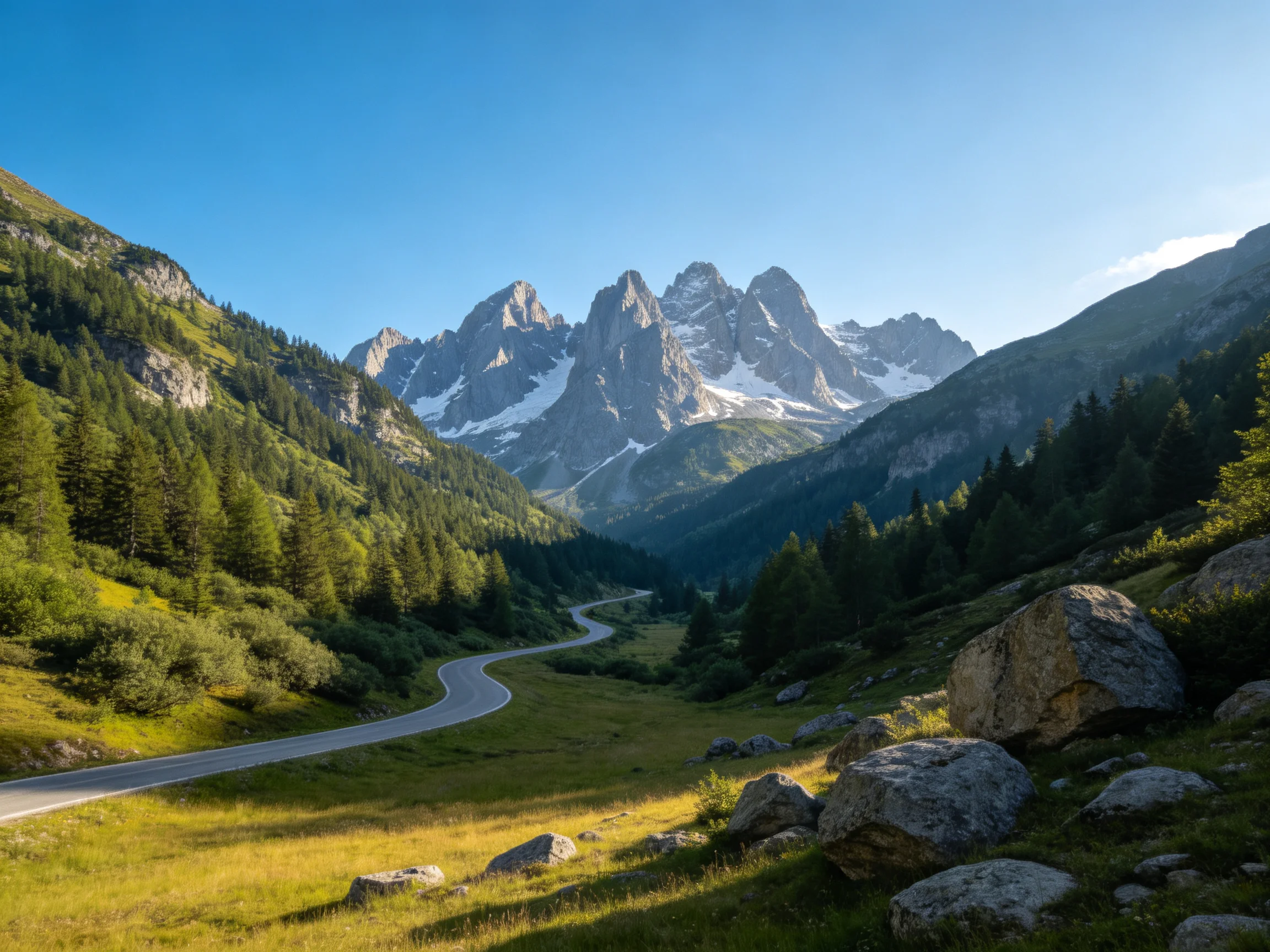 Winding Road Through Forested Valley With Majestic Snow-Capped Peaks