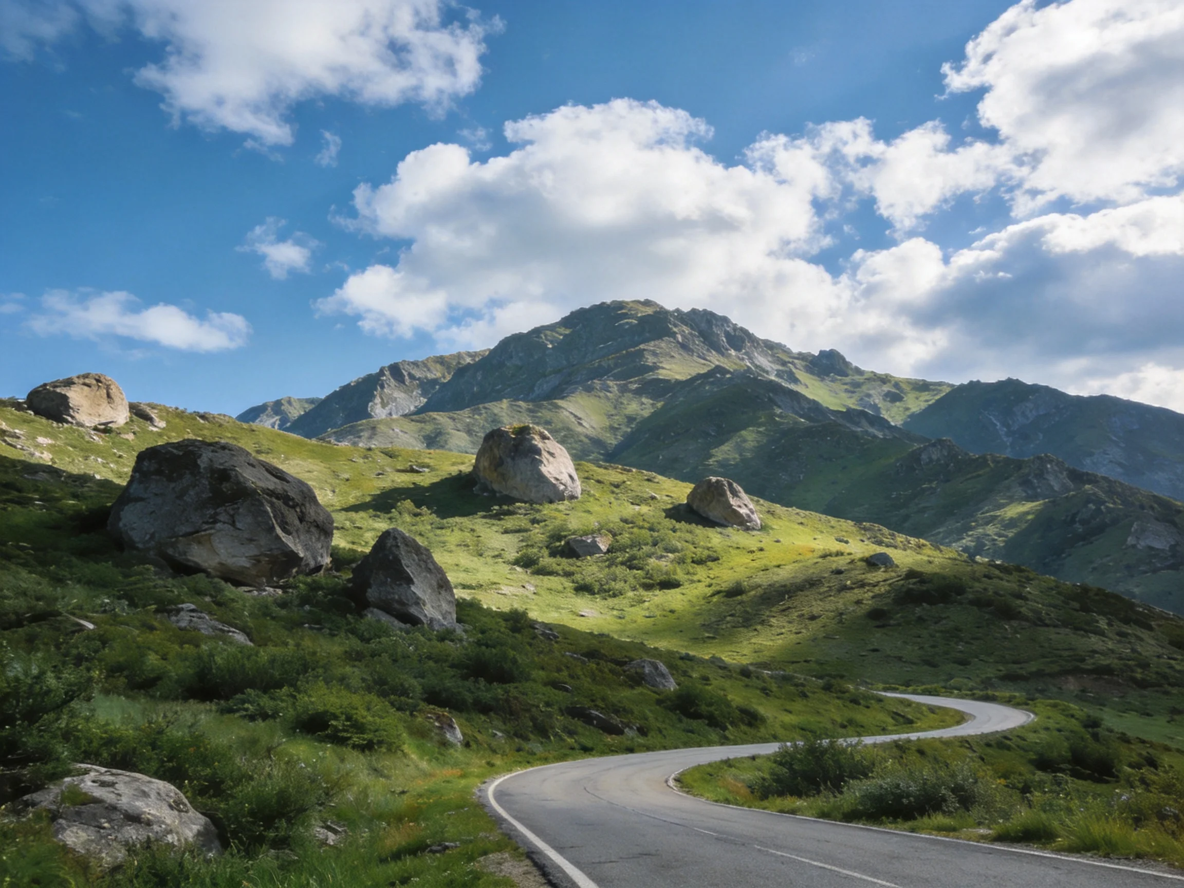Winding Road Through Lush Green Hills Near Rocky Mountains