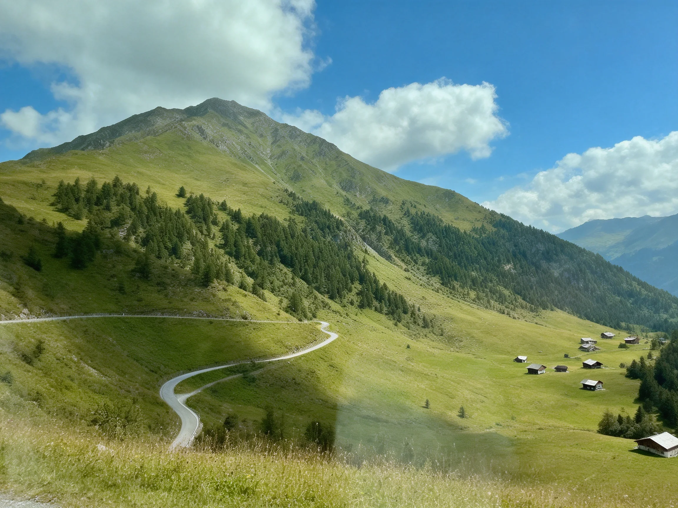 Winding Road Through Lush Green Hills and Mountain Peaks