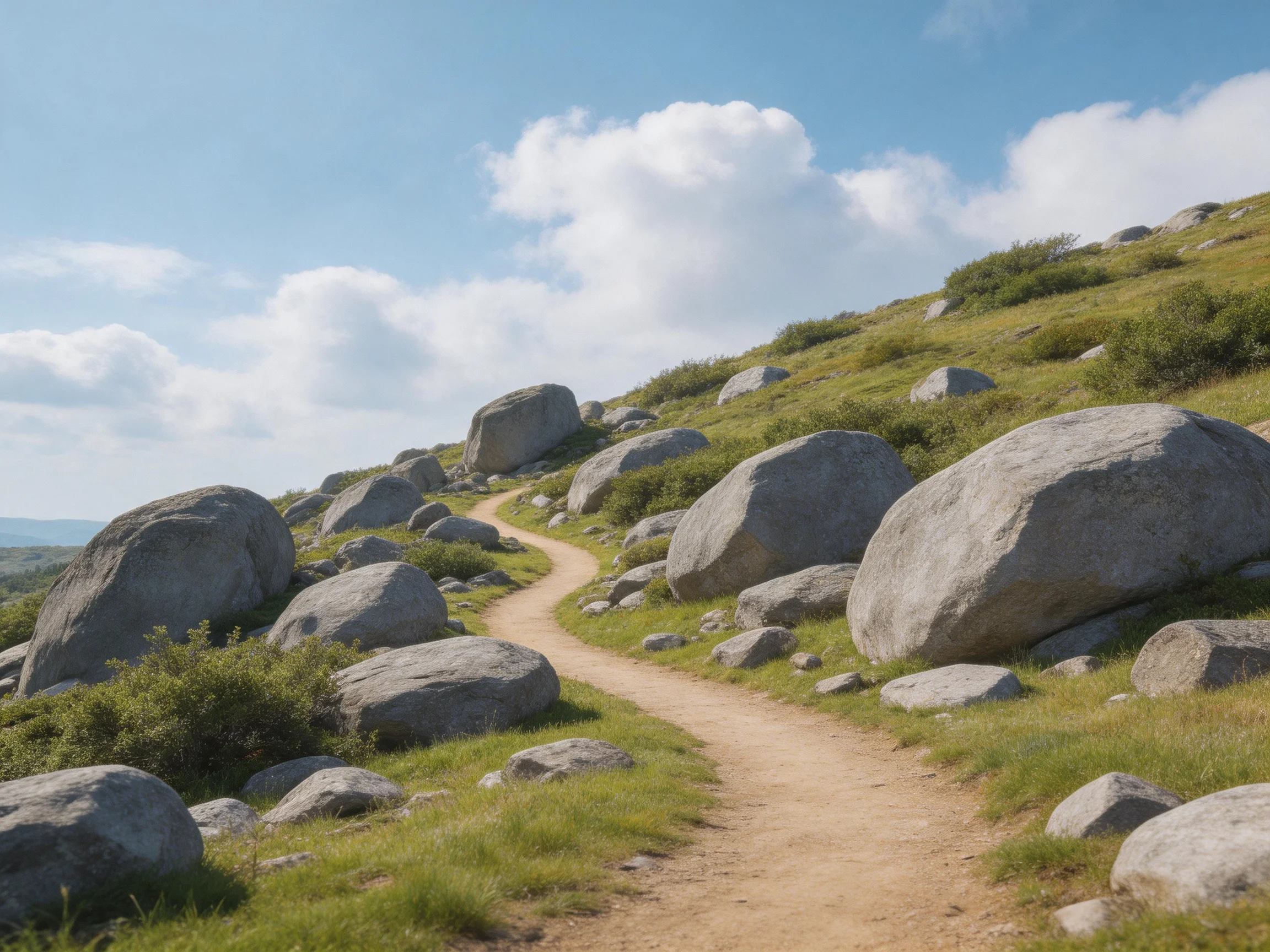 Winding dirt path among large gray boulders on green hills