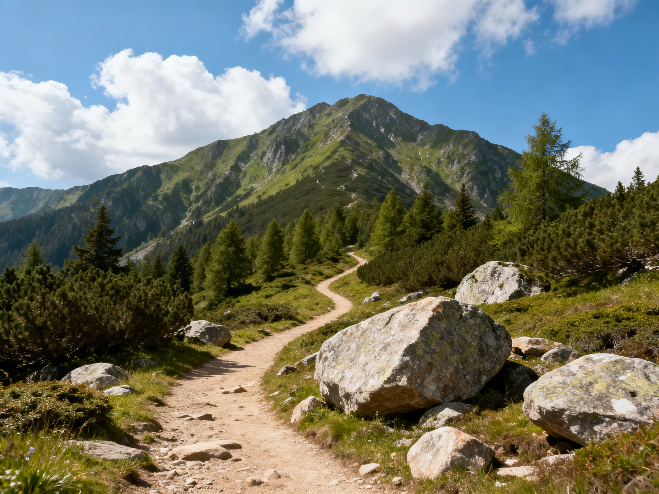 Winding dirt path near large gray boulders leads to a lush green mountain