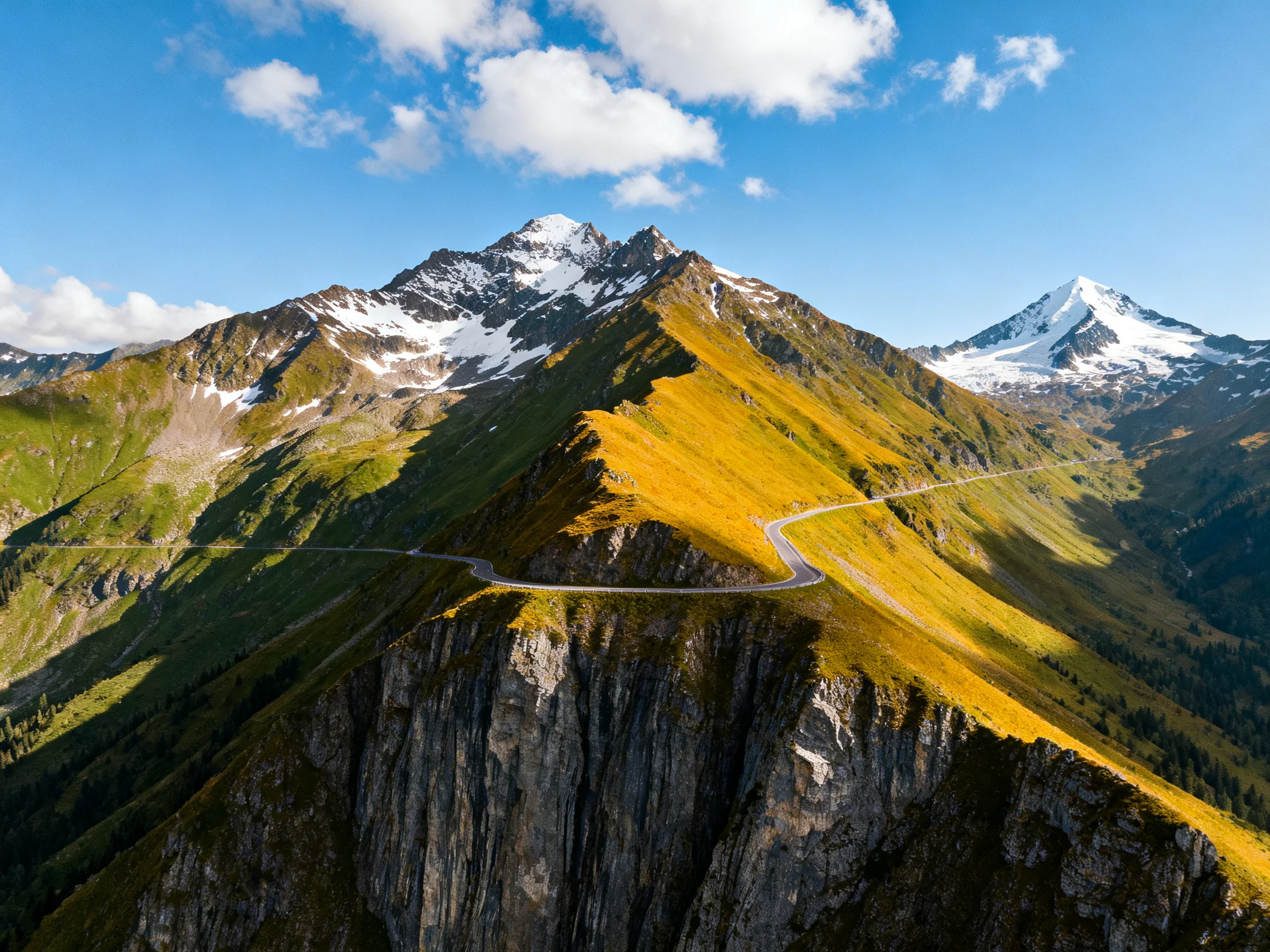 Winding mountain road connects golden slopes near snow-capped peaks