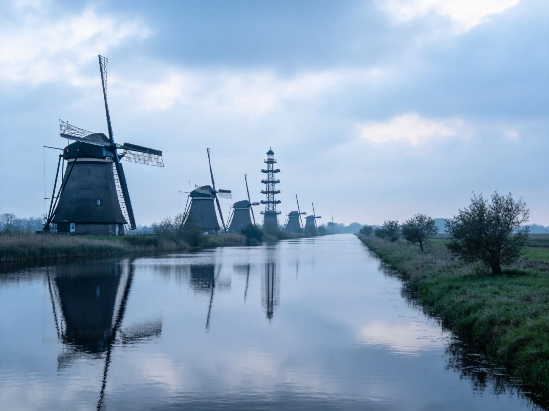 Windmills align along a canal whose water mirrors their forms and the sky