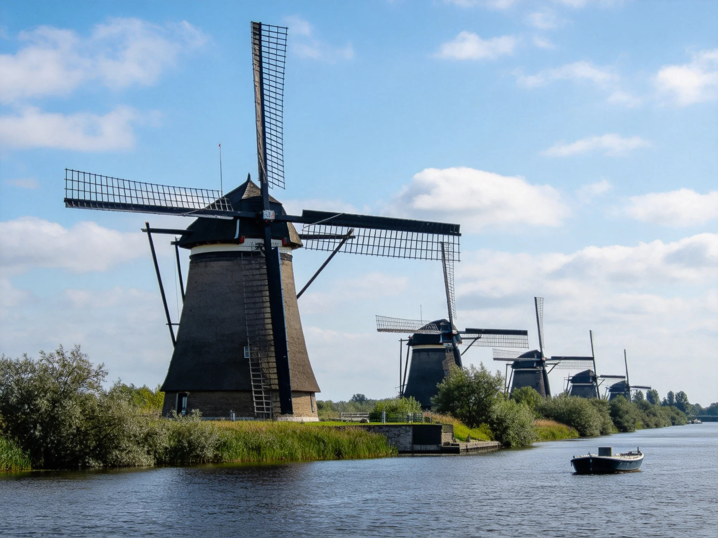 Windmills stand along a calm waterway with a boat nearby