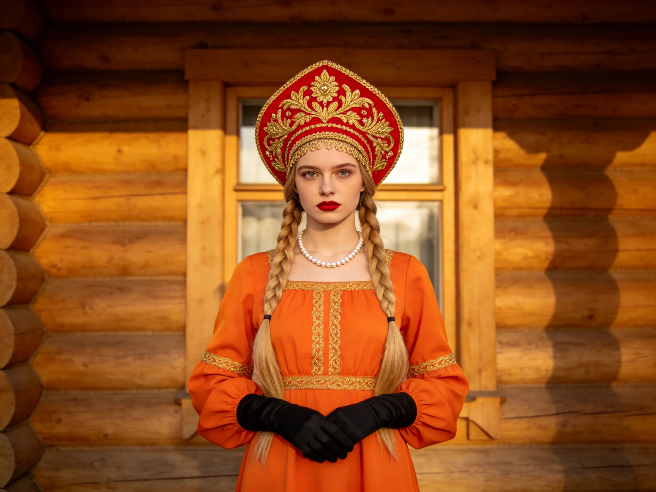 Woman in orange embroidered dress with red ornate headdress by log cabin