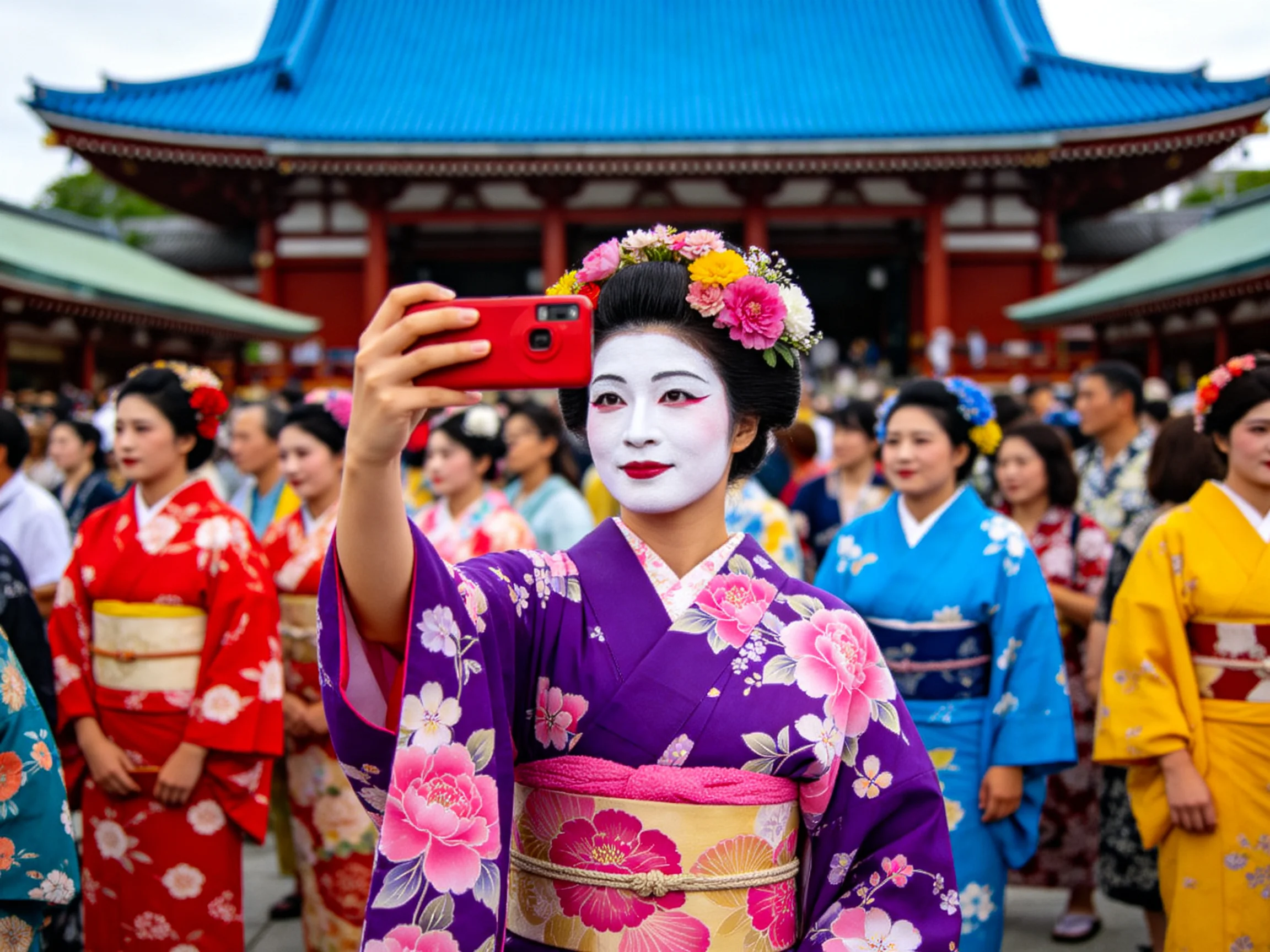 Women in colorful kimonos gather near a traditional temple