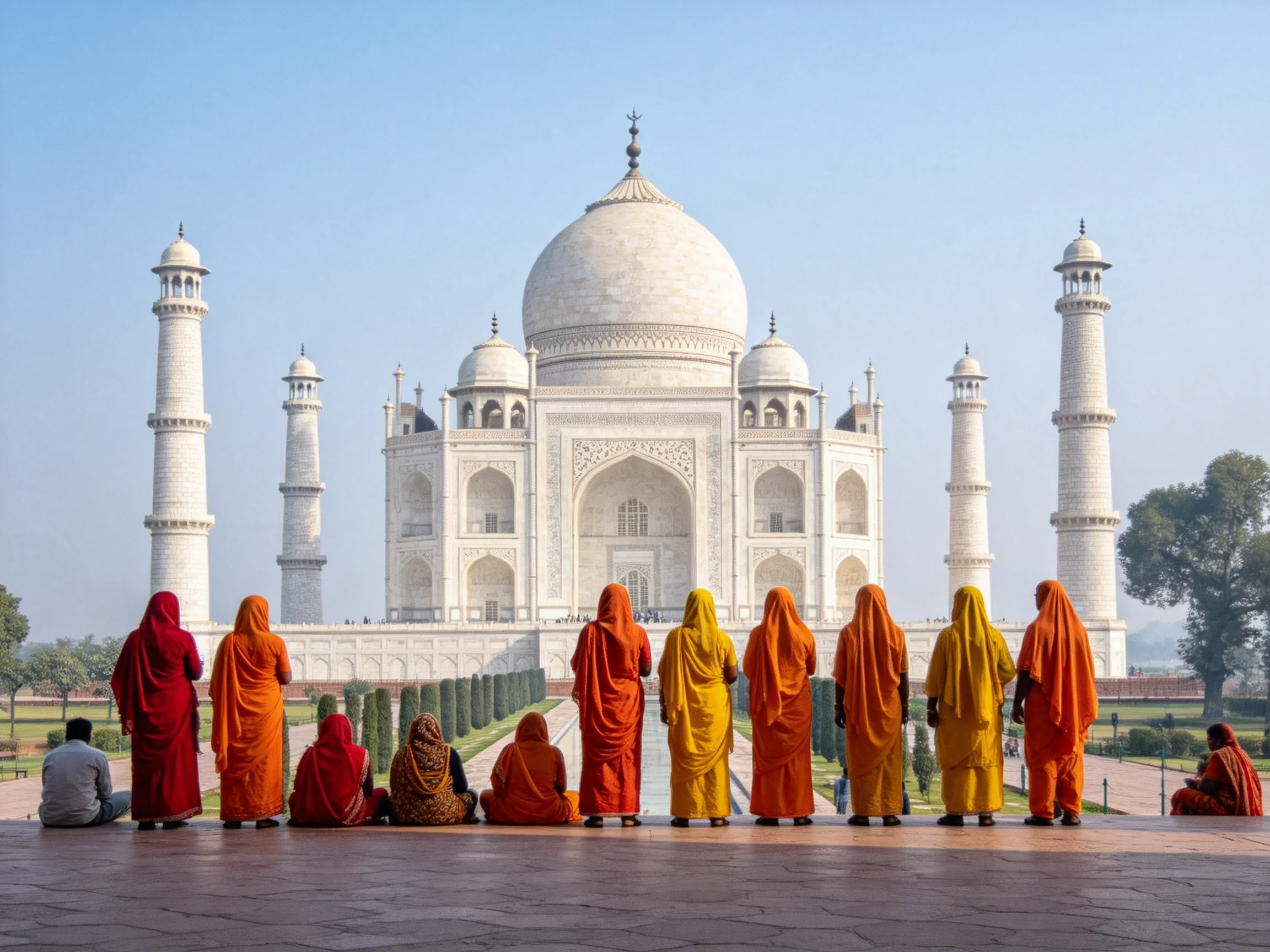 Women in colorful saris gather near the iconic Taj Mahal
