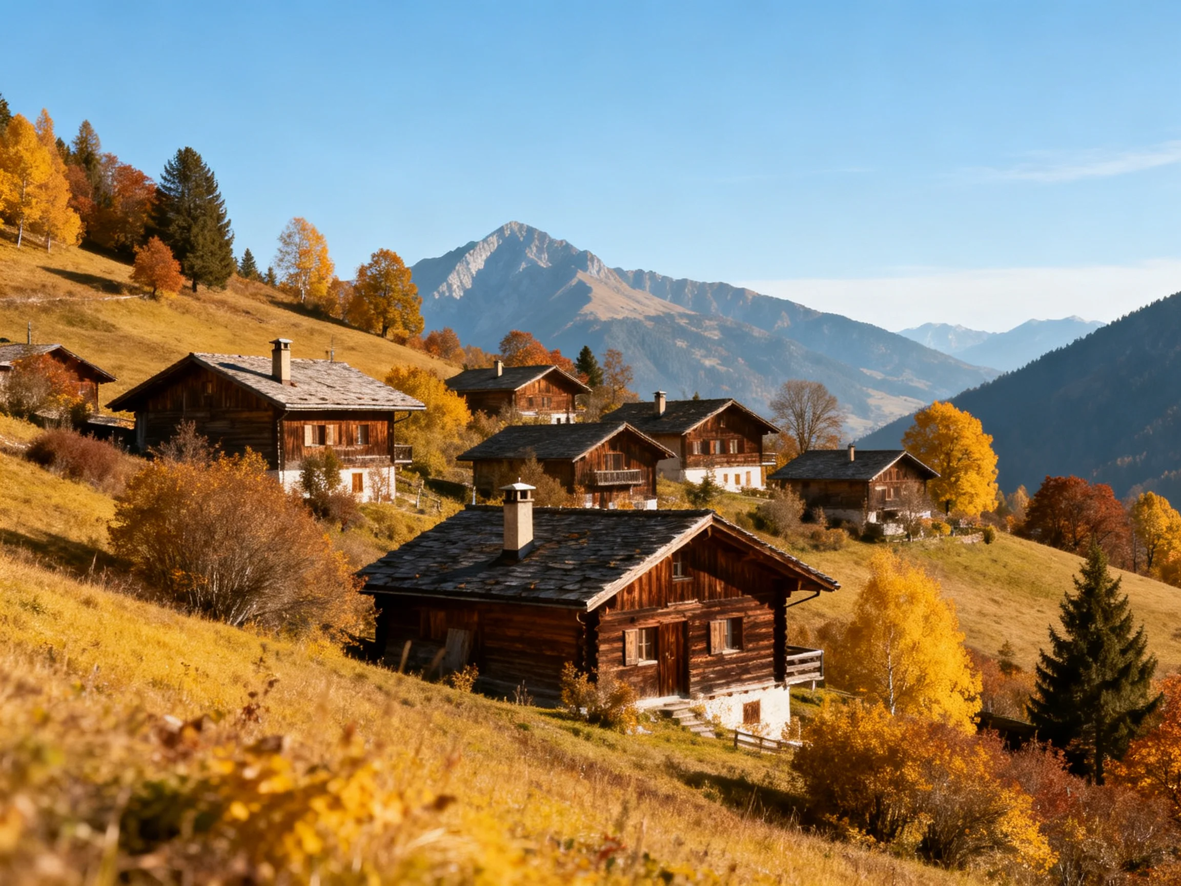 Wooden cabins dot an autumn hillside near towering mountains