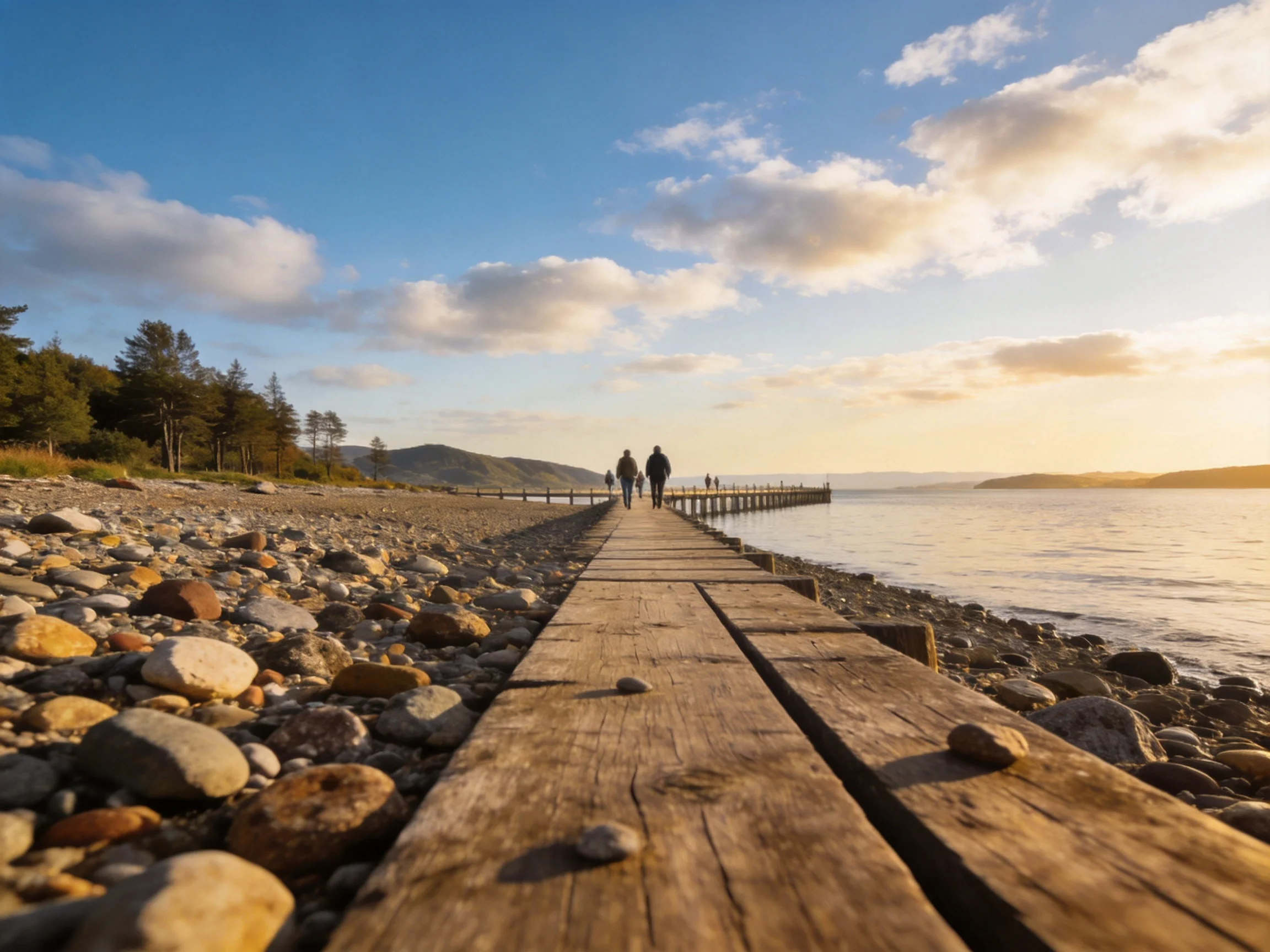 Wooden pier stretches over rocky shore with people walking under golden sky