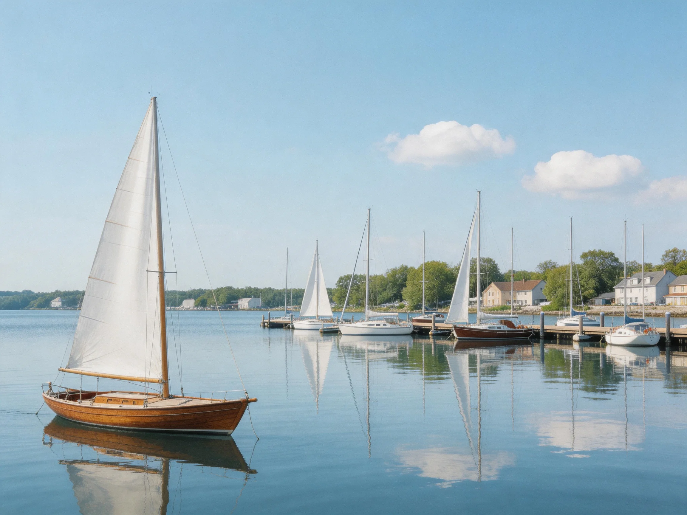 Wooden sailboat glides past docked sailboats by waterfront homes