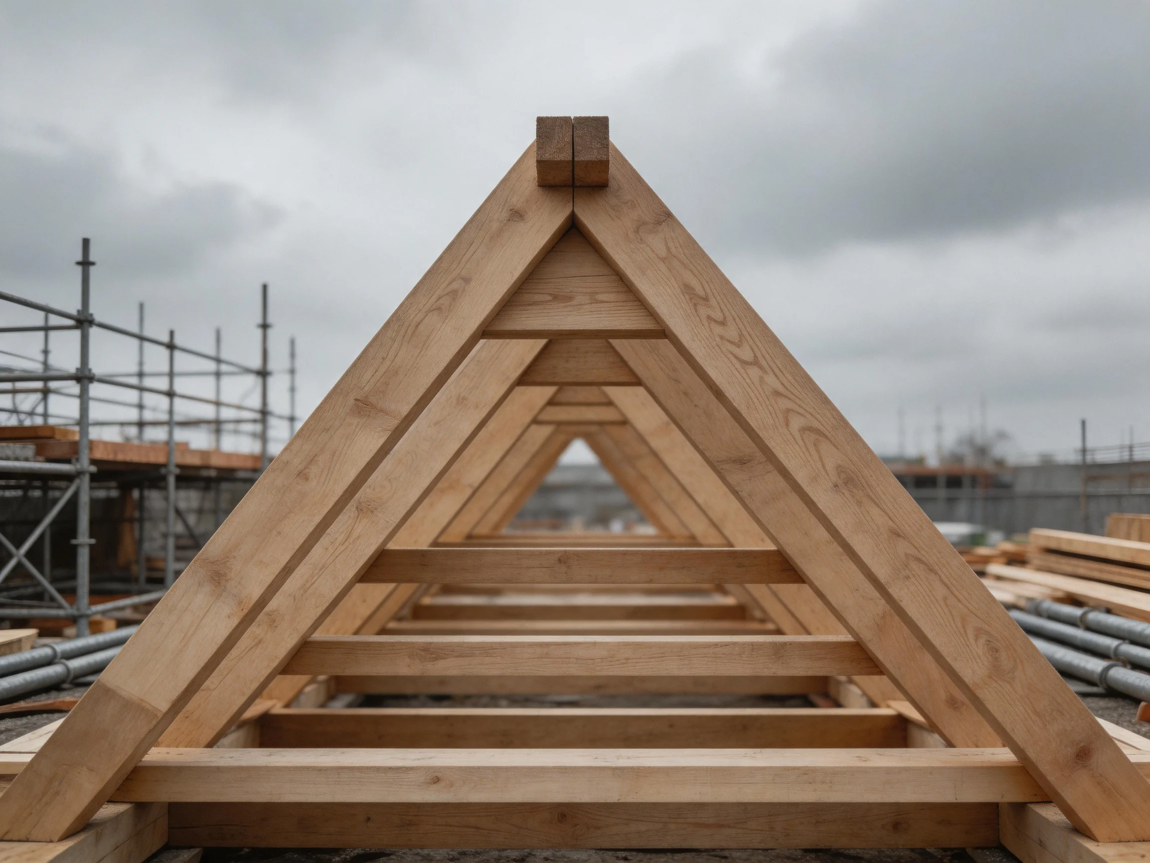 Wooden triangular trusses arranged at a construction site