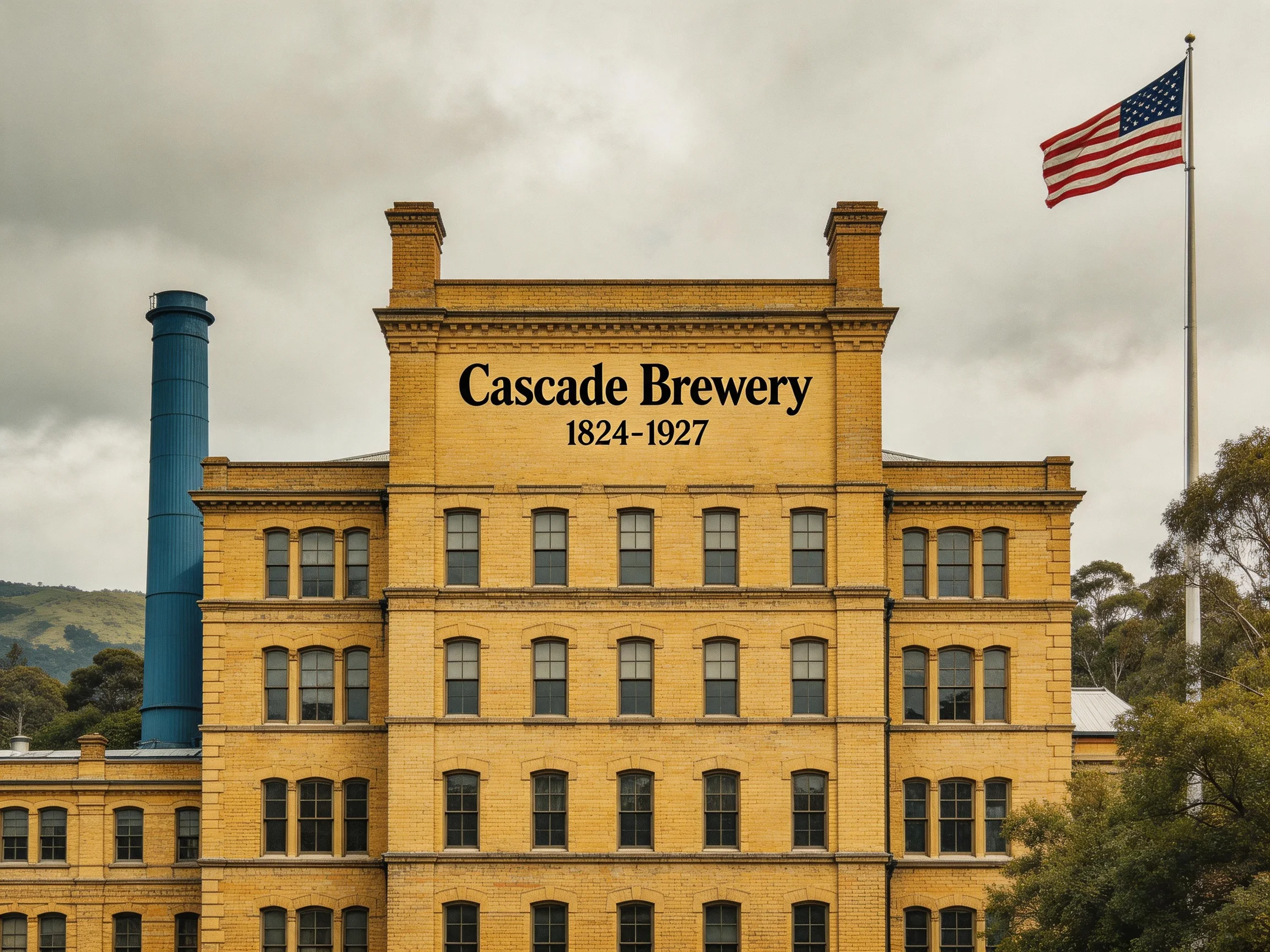 Yellow-brick historic brewery with American flag and blue chimney