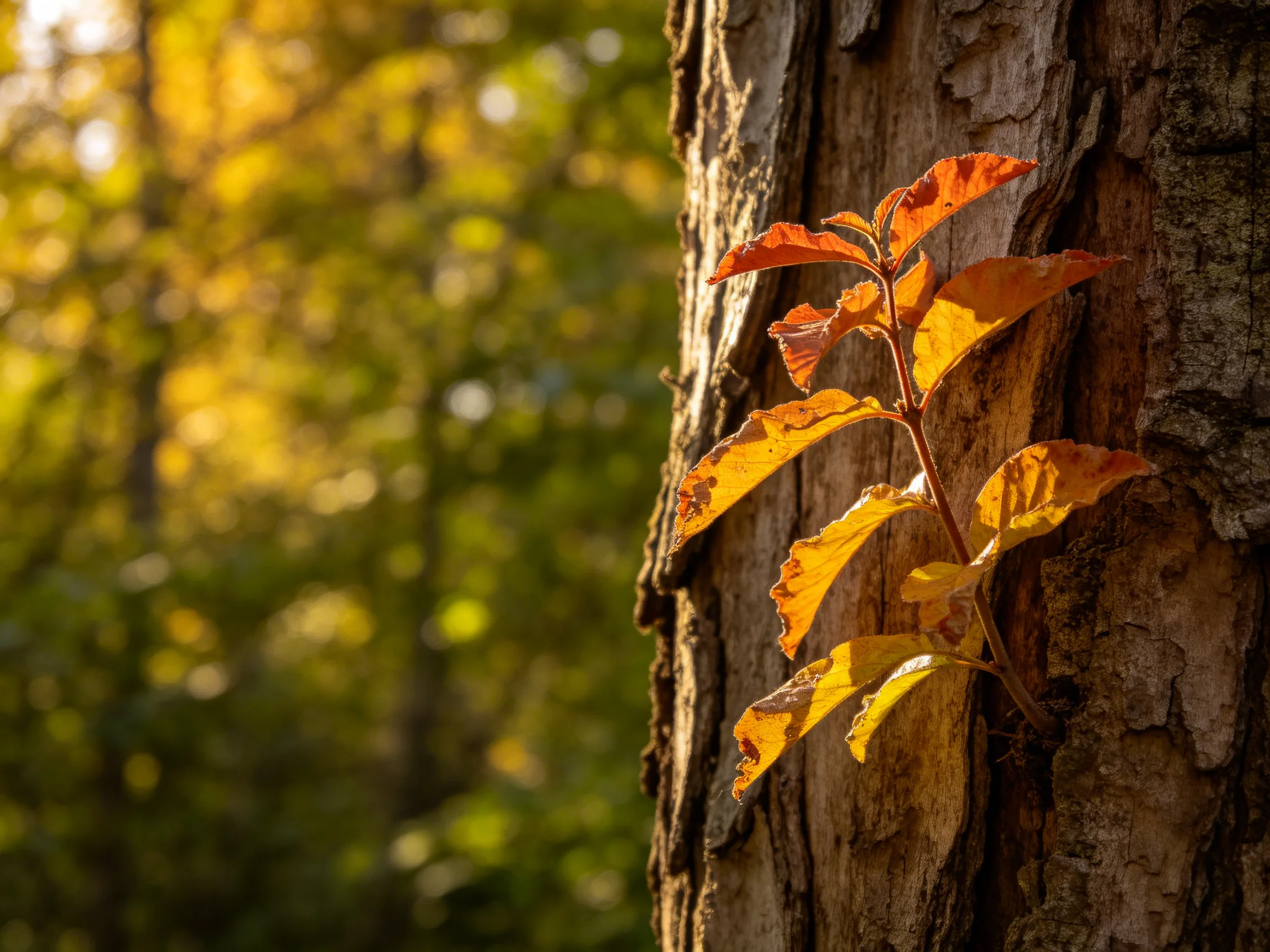 Young plant with amber-hued leaves attached to a textured tree trunk in a sunlit forest