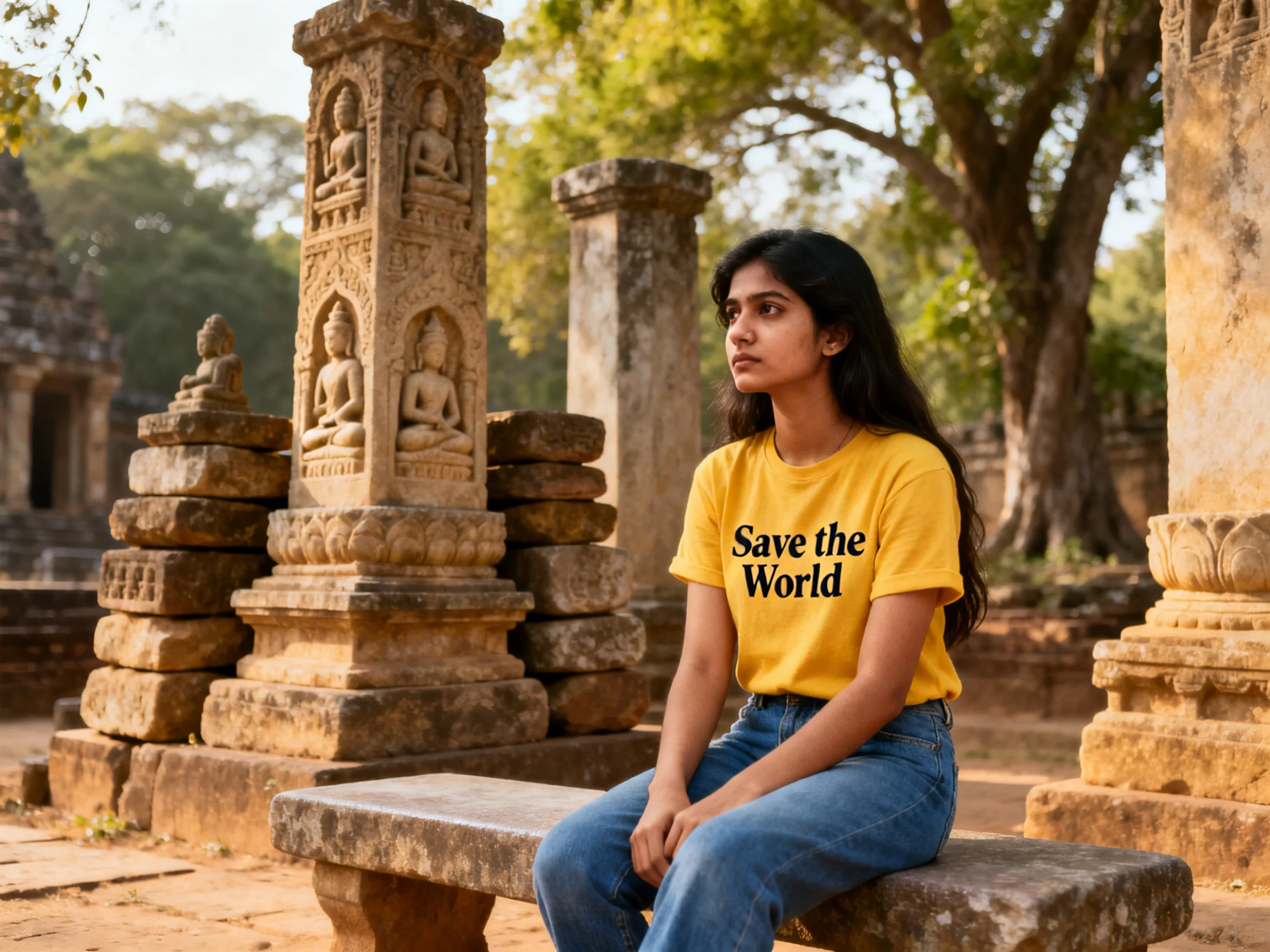 Young woman in yellow shirt sits near ancient stone temple ruins