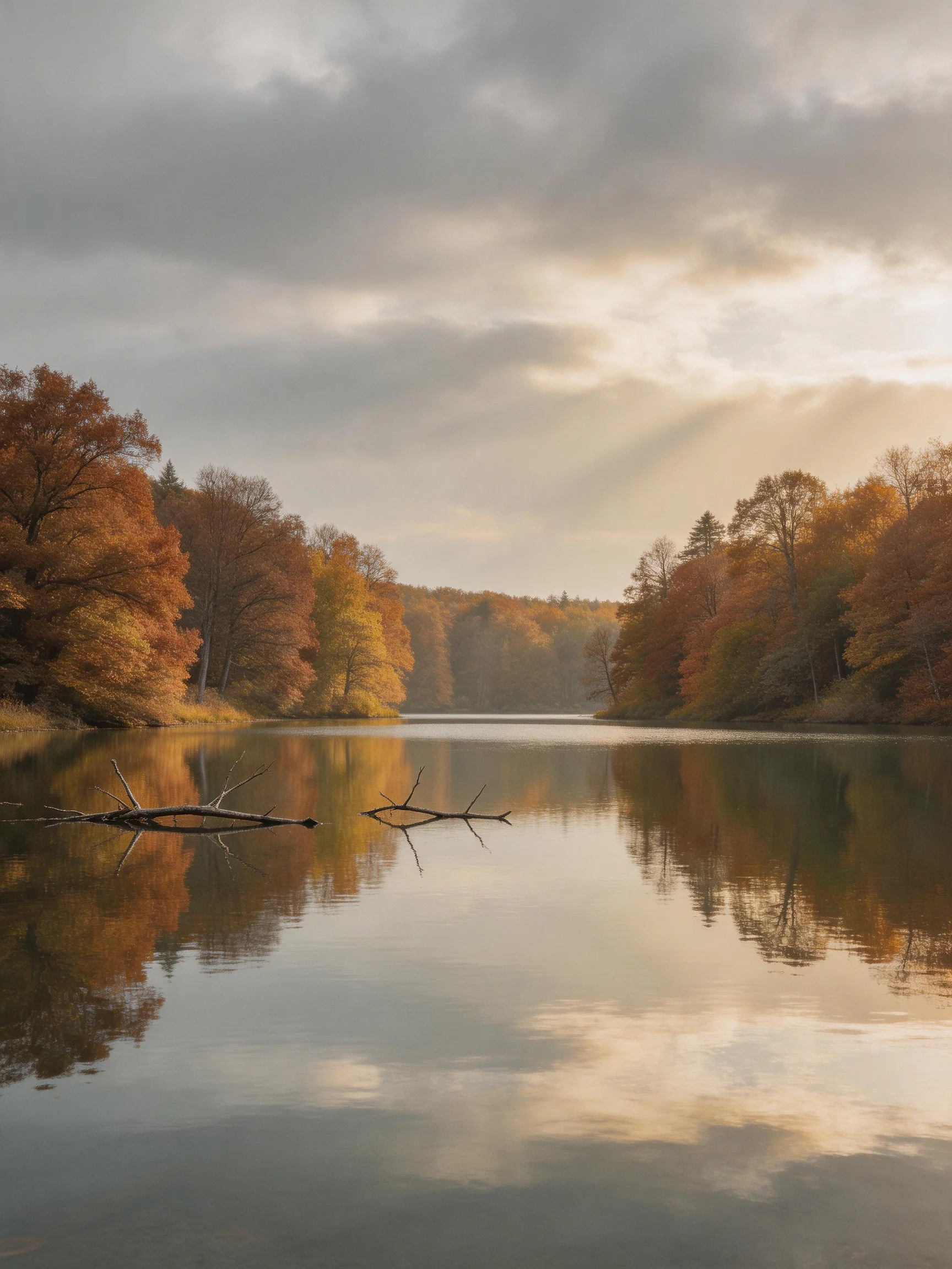 A Calm Lake Reflecting Autumn-Hued Forests