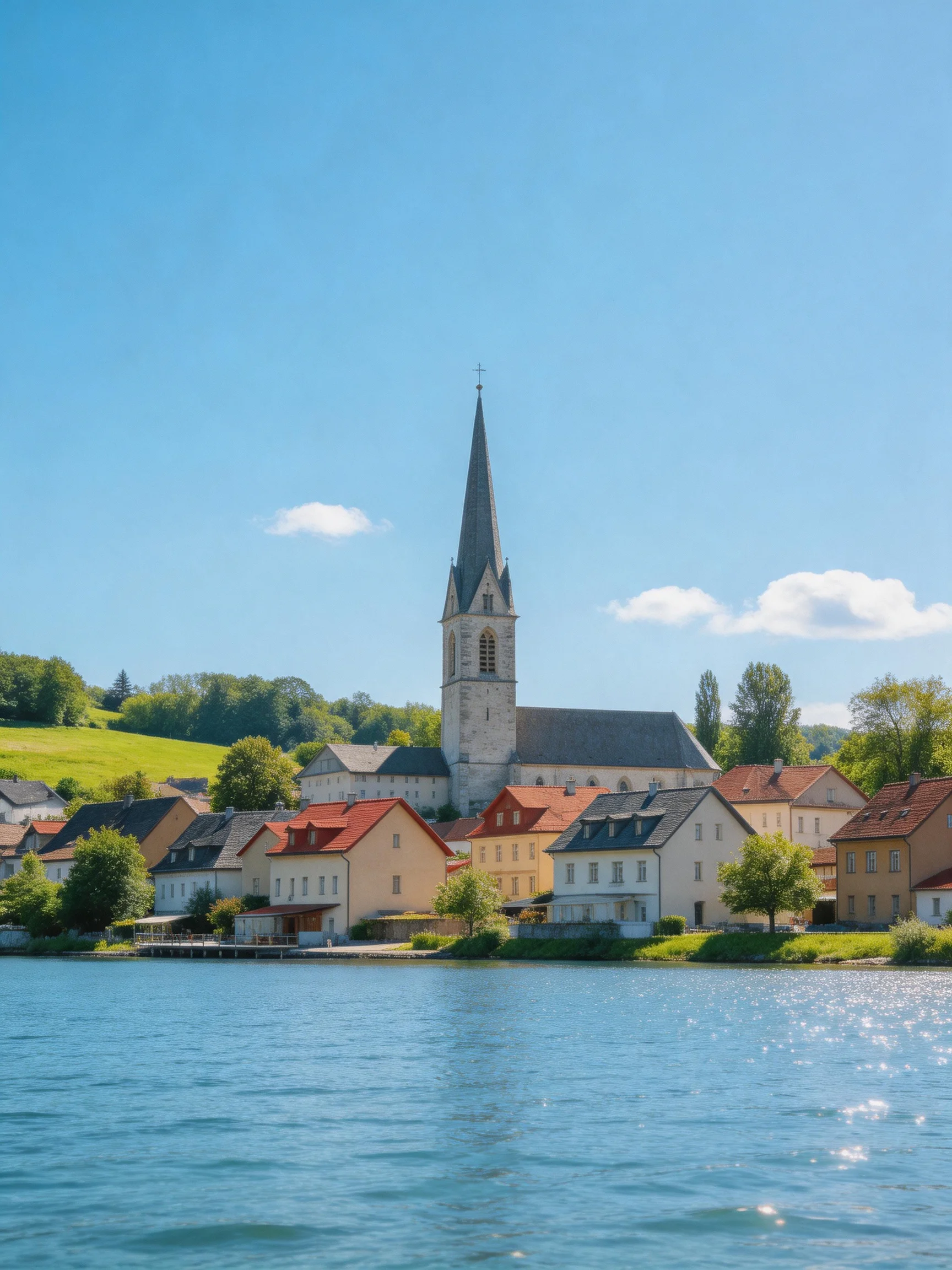 A Church Tower Over Colorful Lakeside Houses by a Calm Lake